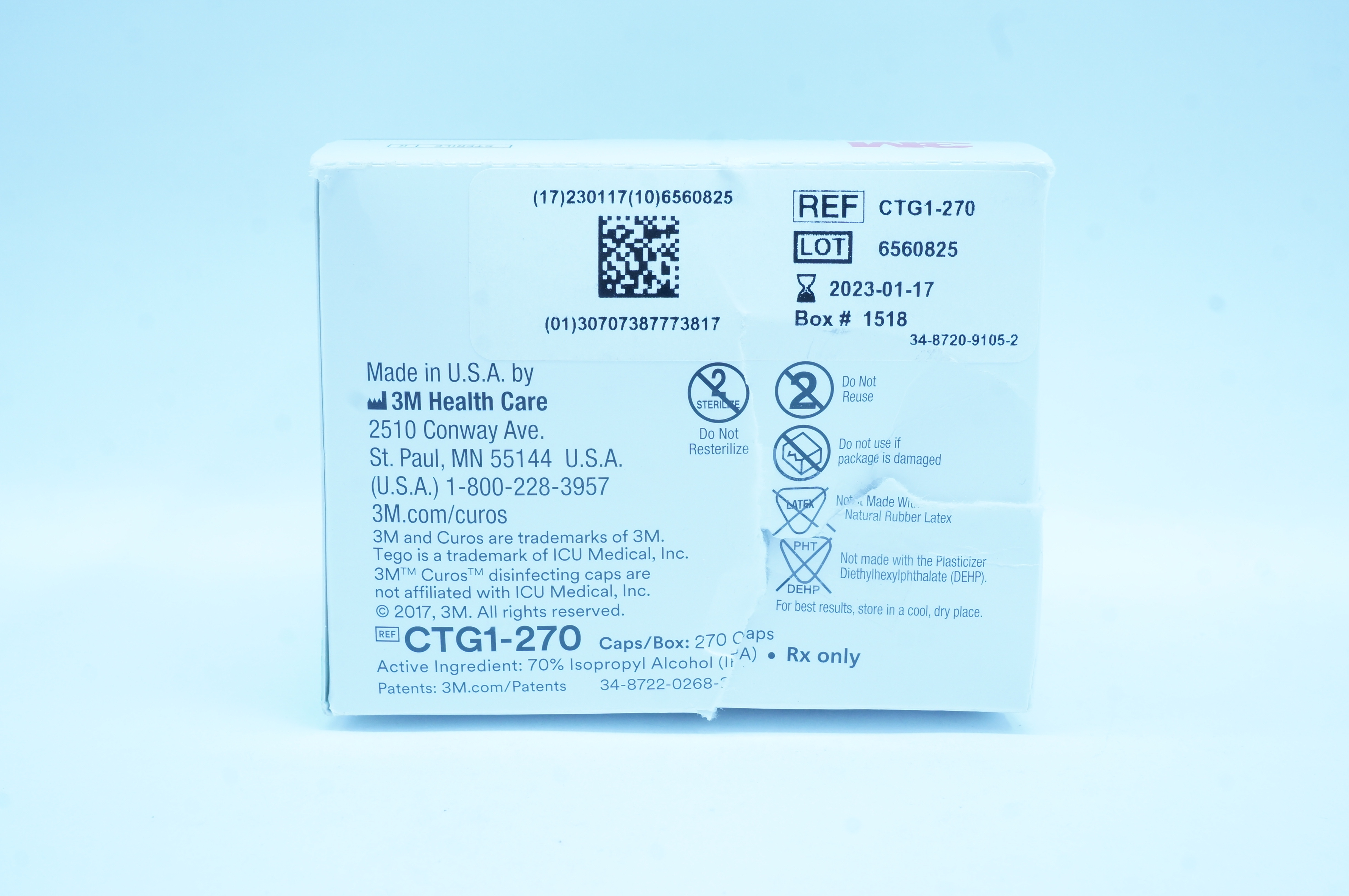 3M CTG1-270 Curos Disinfecting Cap for Tego Hemodialysis Connectors - Box 270