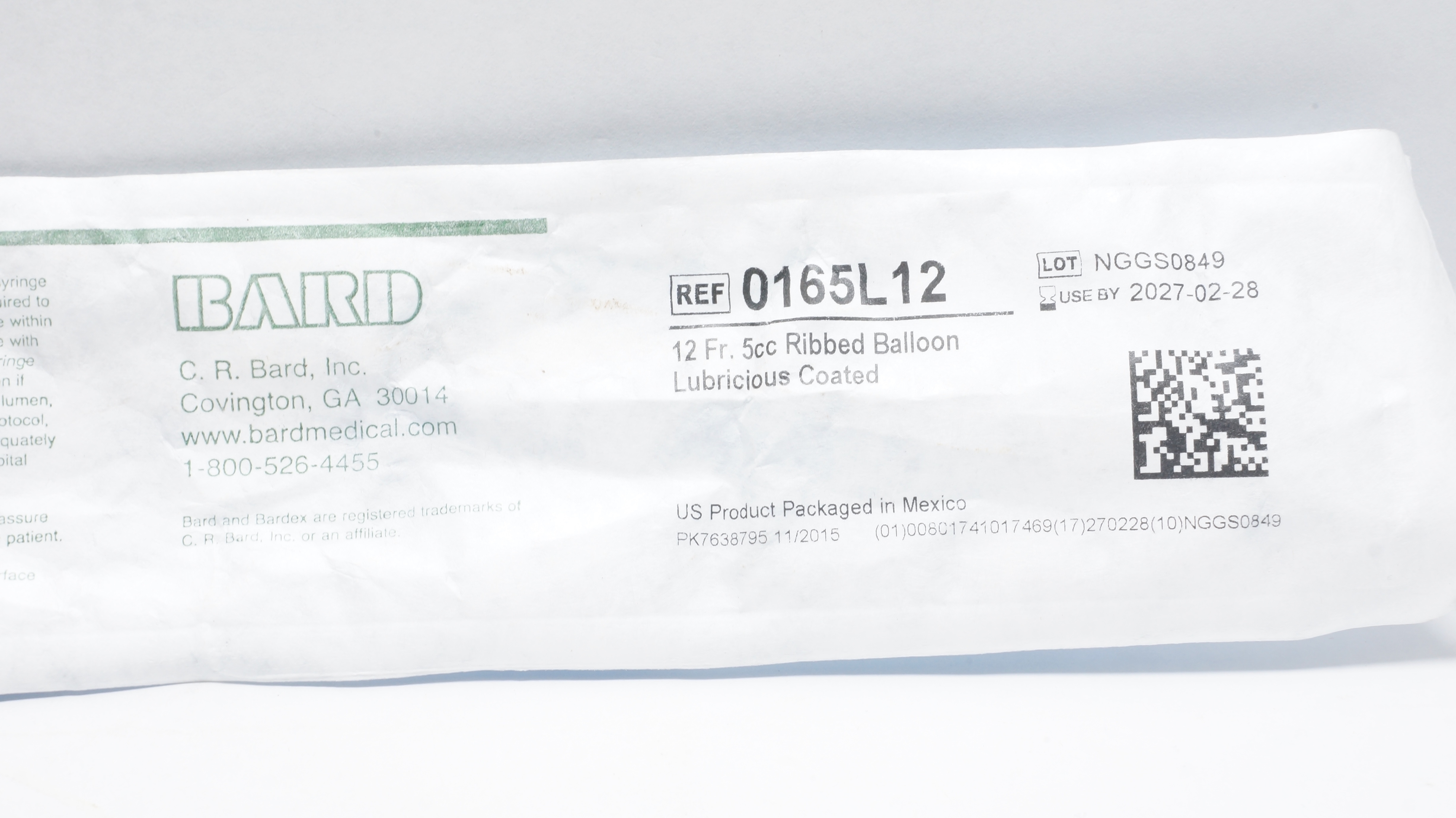 Bard 0165L12 Bardex Foley Cath. 12Fr 5cc Ribbed Balloon Lubricious Coated