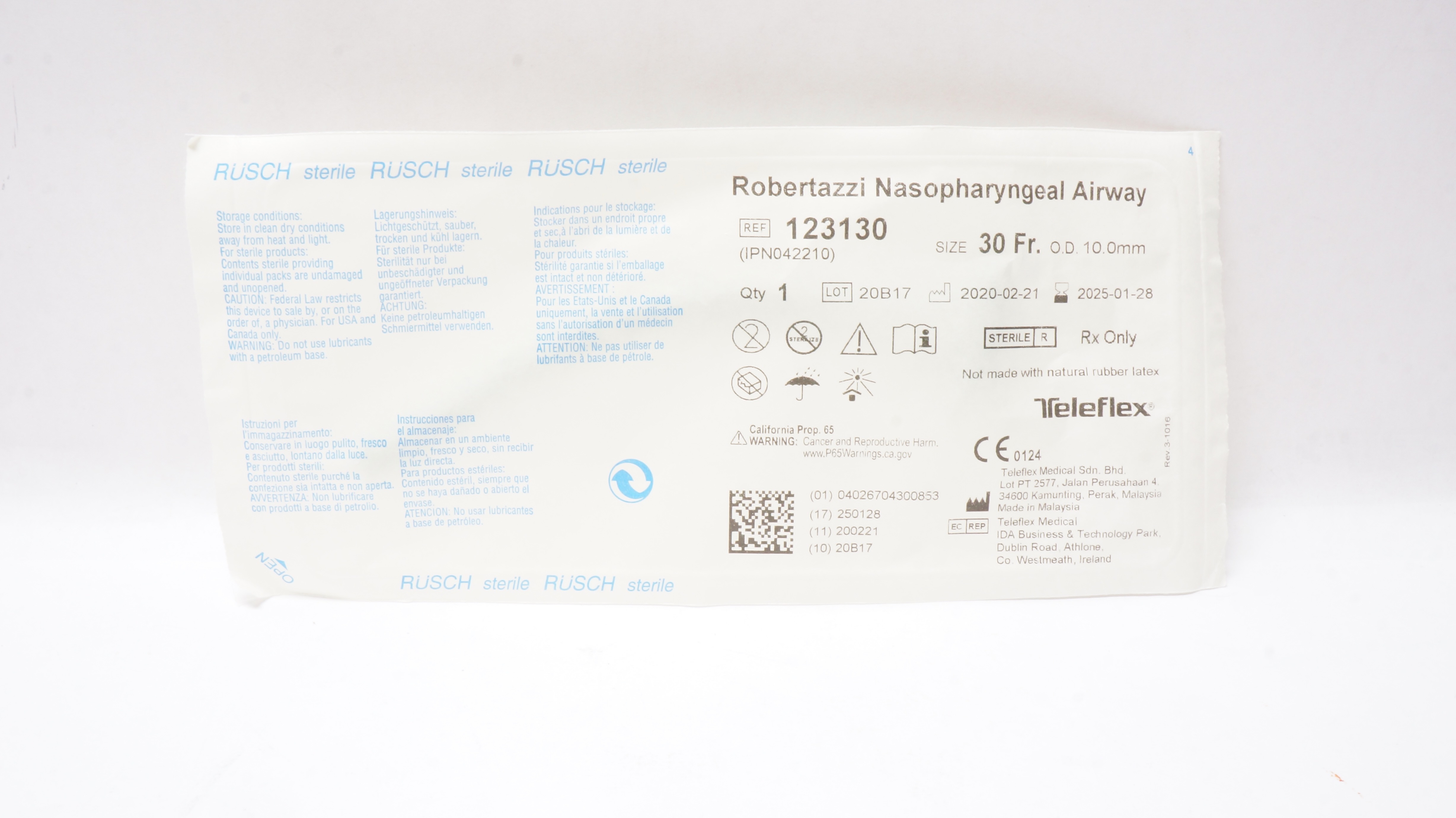 Teleflex 123130 Rusch Robertazzi Nasopharyngeal Airway 30Fr x 10.0mm OD