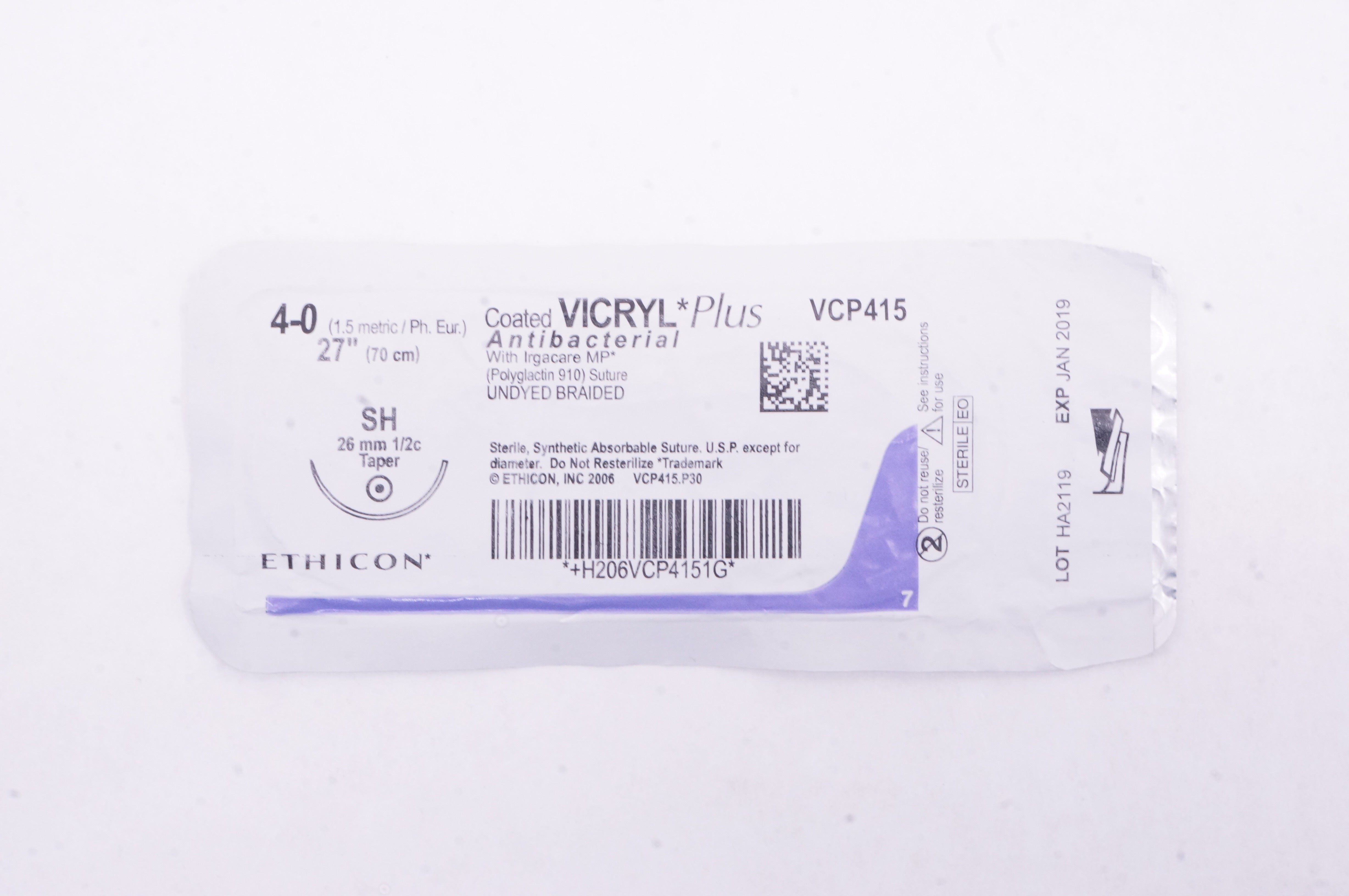 Ethicon VCP415 4-0 Vicryl Antibacterial Stre. Undyed Braided Taper, 27inch (x)