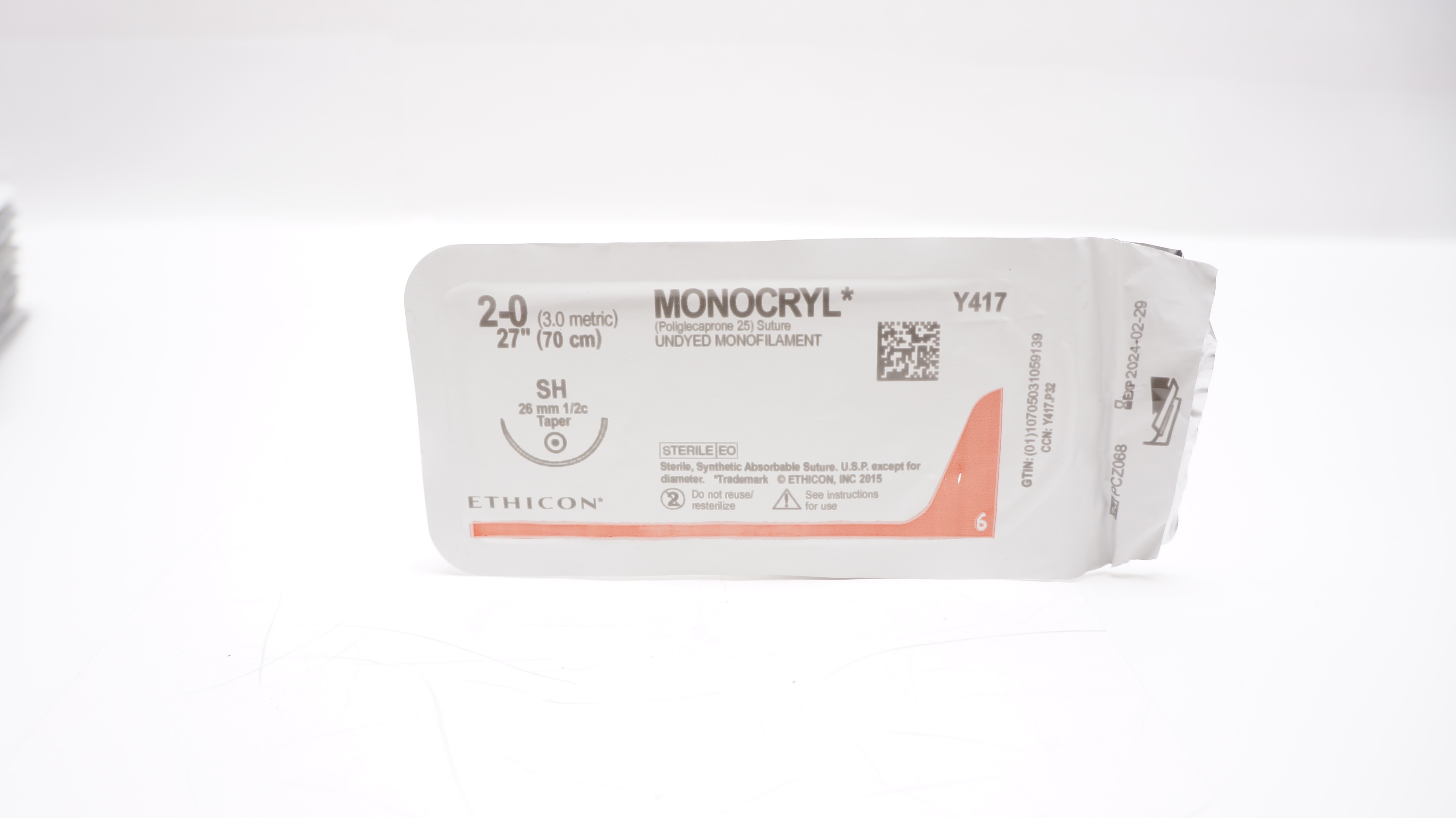 Ethicon Y417 2-0 MONOCRYL, SH, 26mm1/2c Taper, 27inch