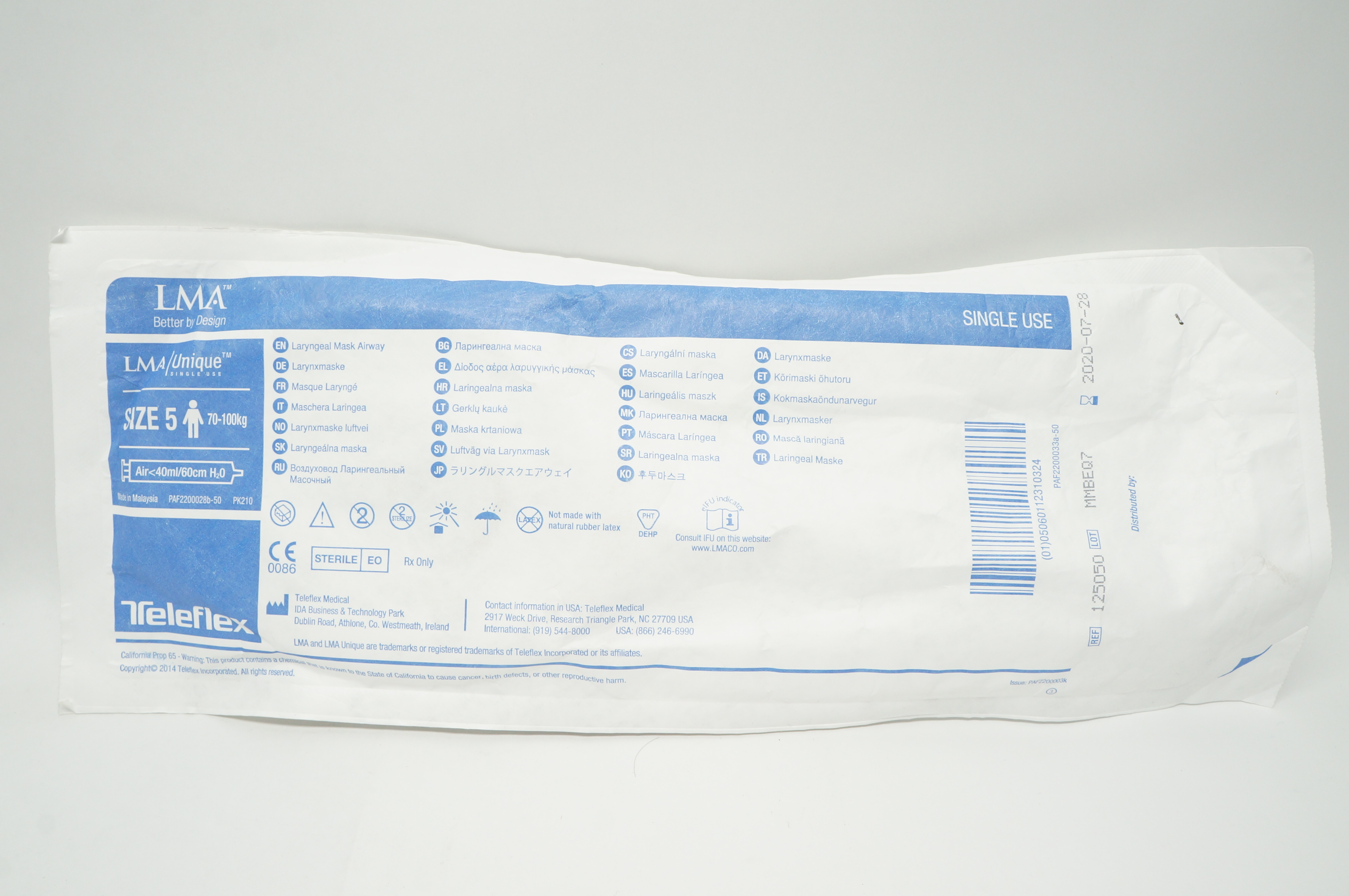 Teleflex 125050 LMA Unique Laryngeal Mask Airway Size 5 70-100kg <40ml/60cm (x)