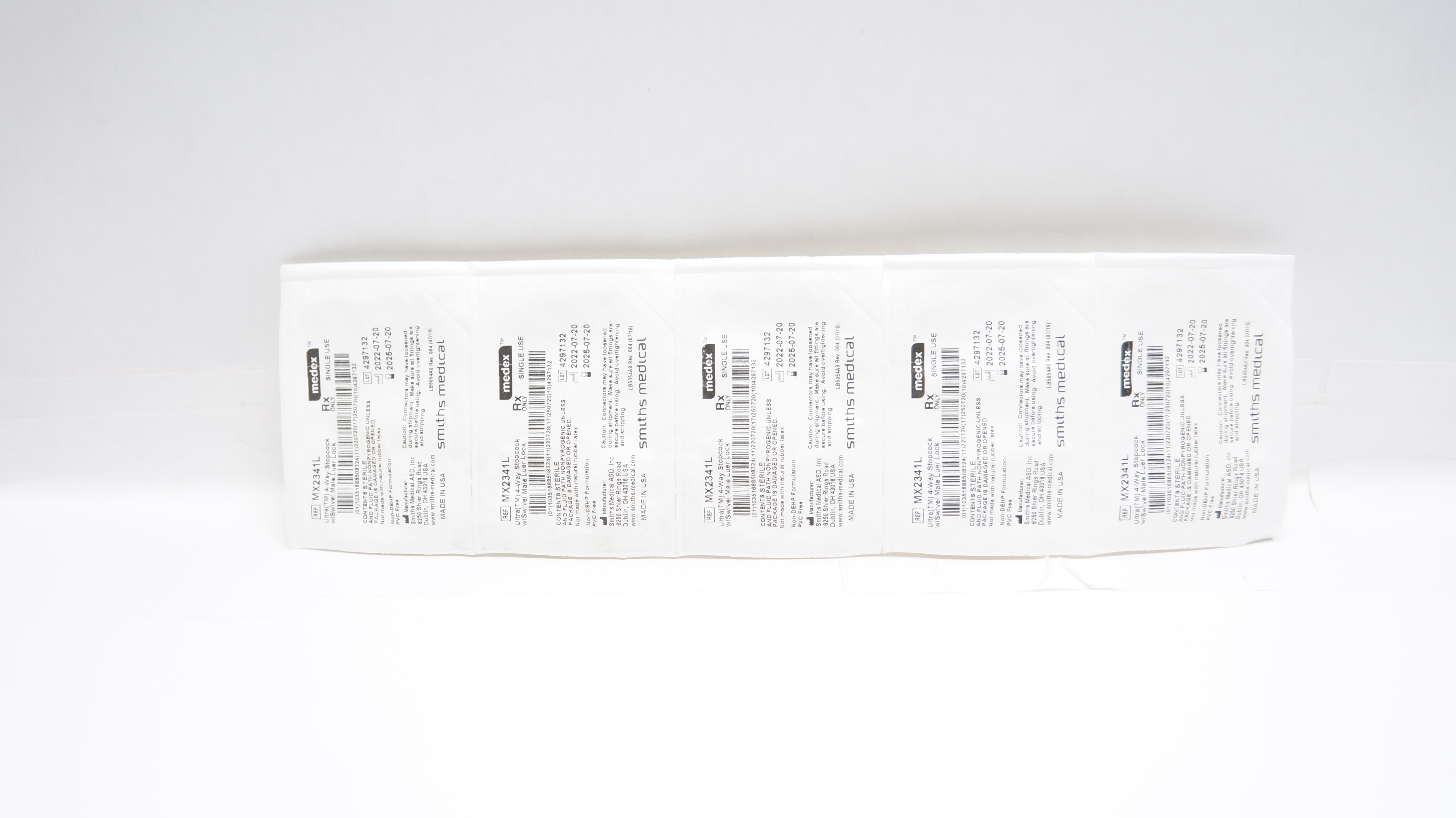 Smiths Medical MX2341L Medex Ultra 4-Way Stopcock w/Male Luer Lock - Pack of 5