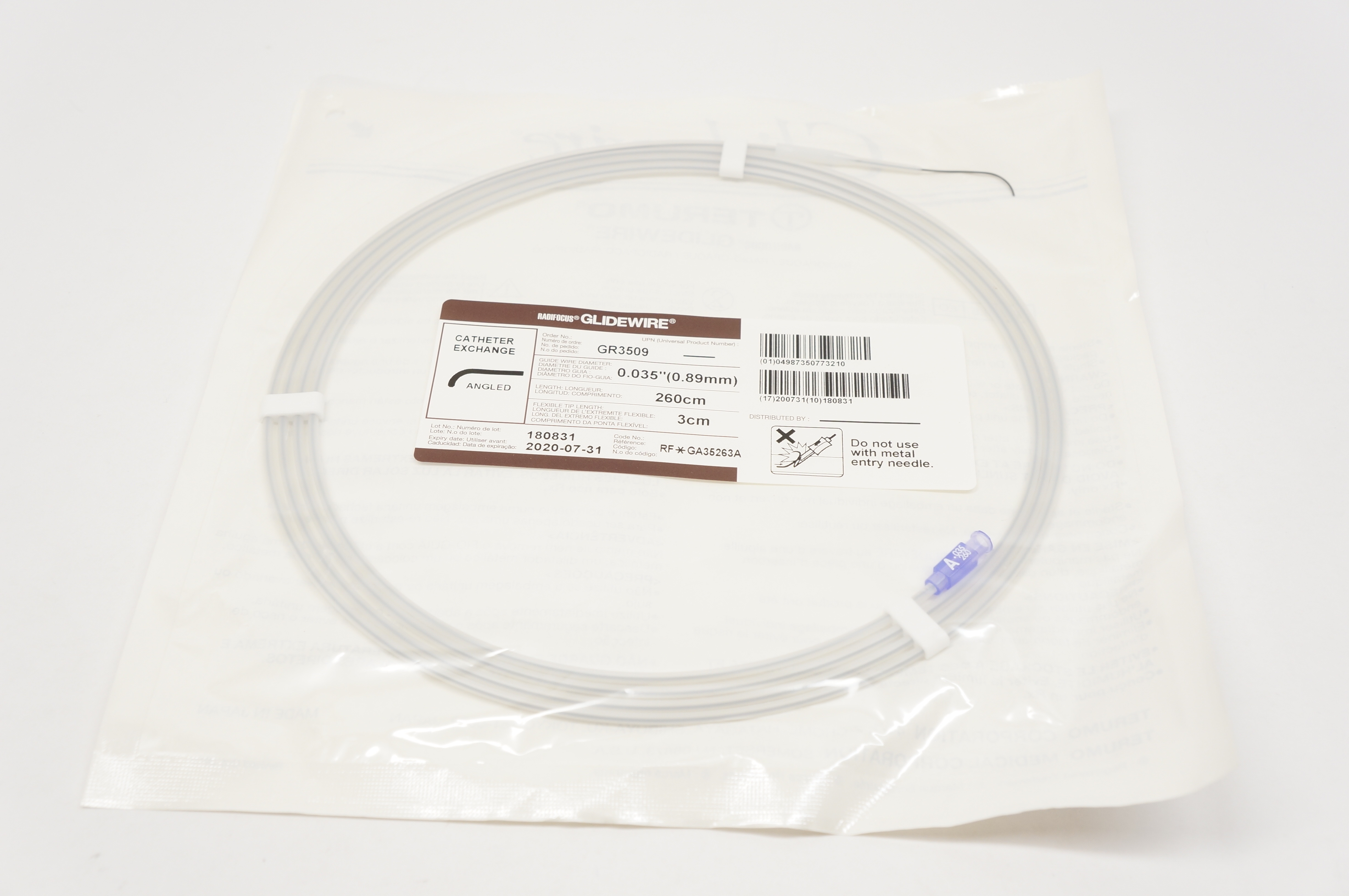 Terumo GR3509 Radifocus Glidewire Cath. Exchange, Angled 0.035inch x 260cm (x)