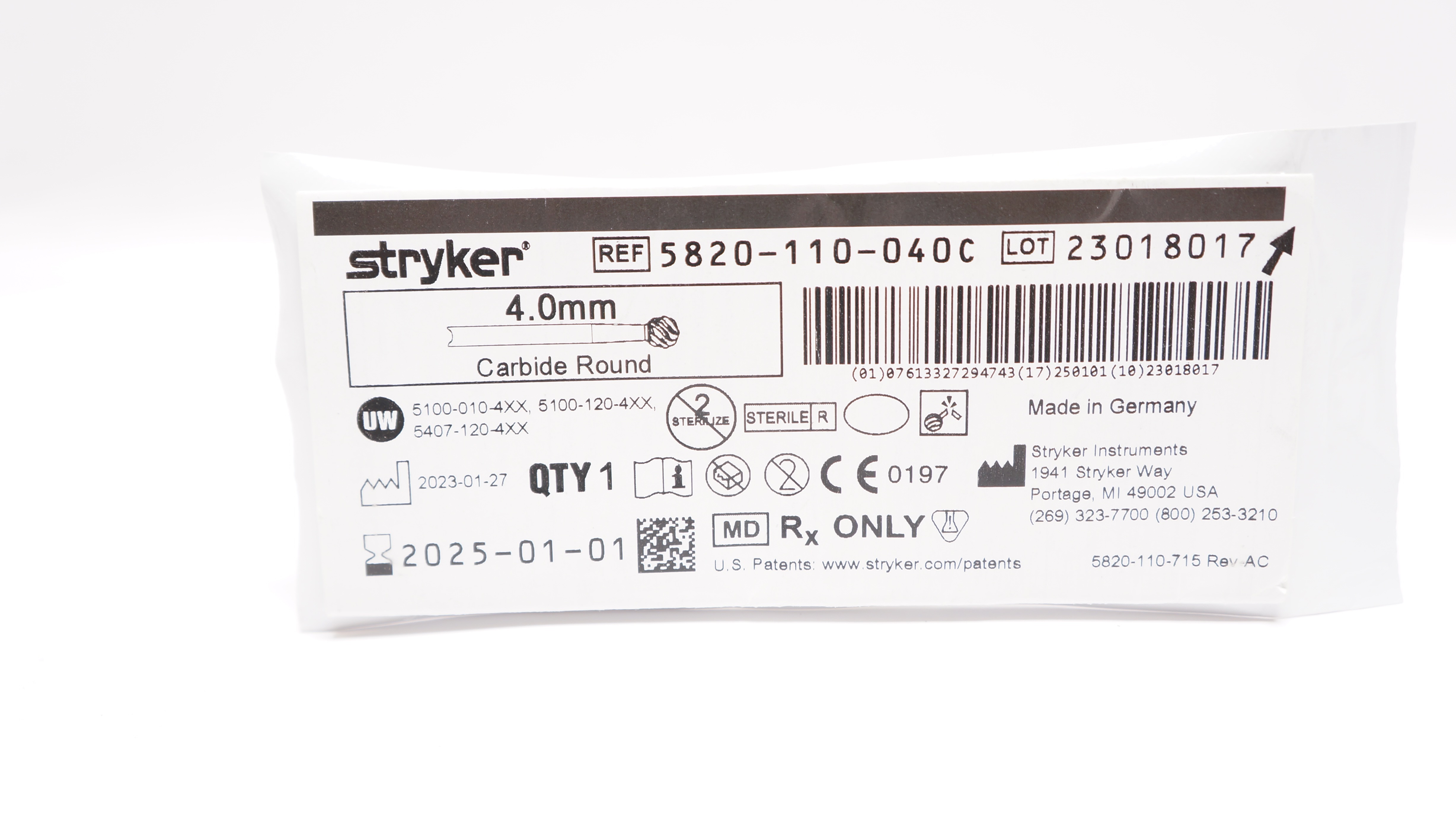Stryker 5820-110-040C Carbide Round Bur 4.0mm