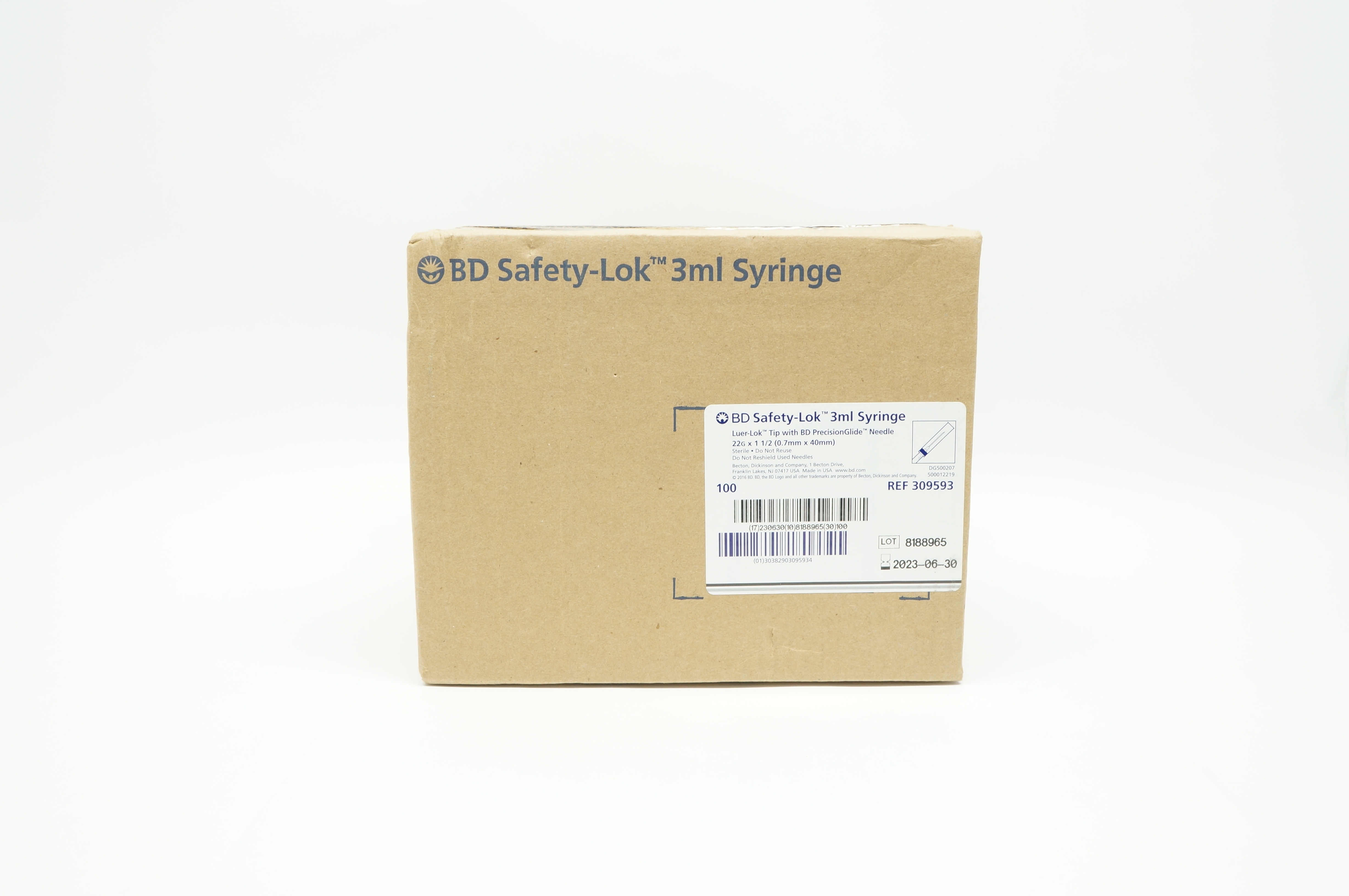 BD 309593 Safety-Lok Syringe 3mL - Box of 100