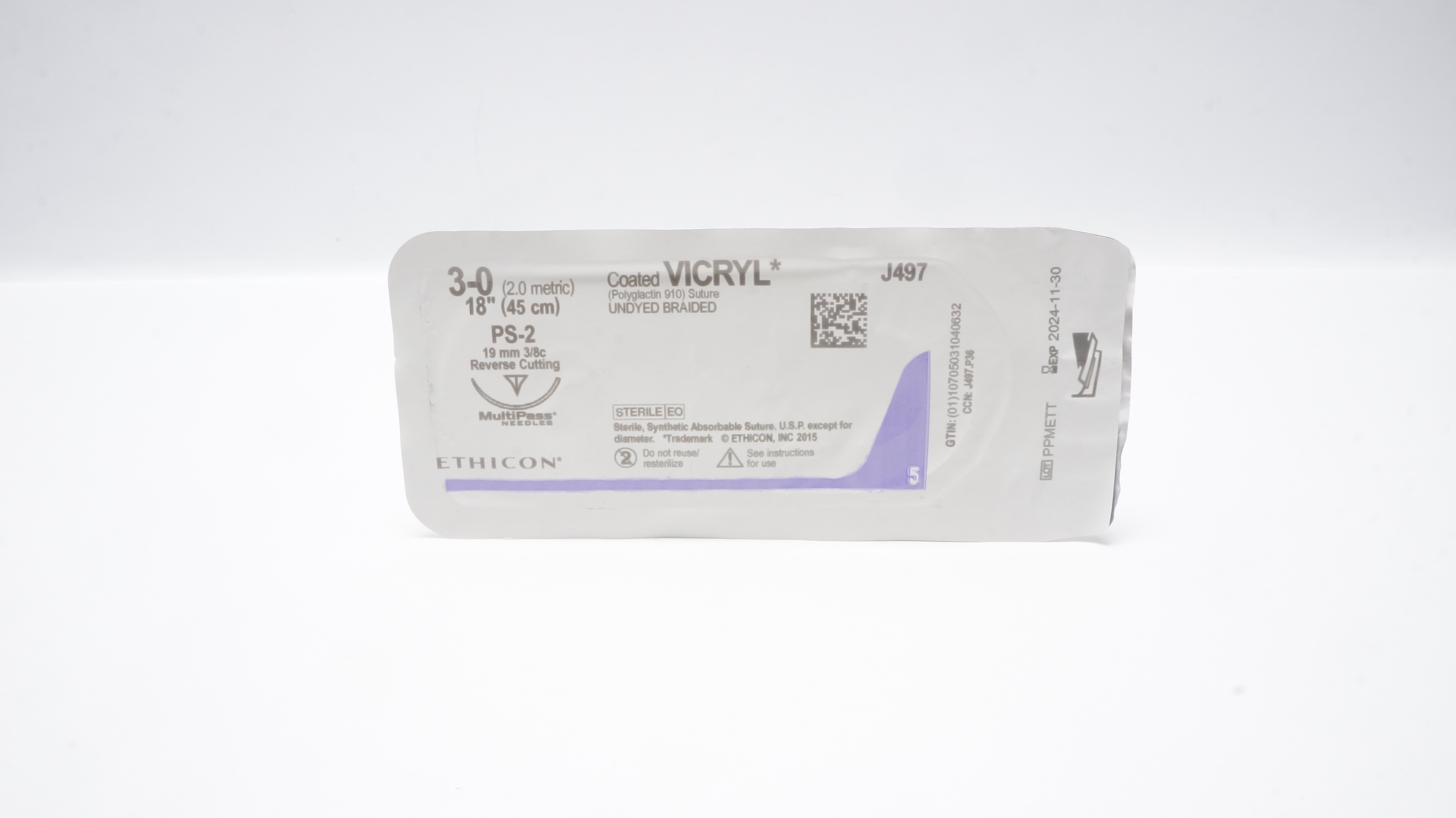 Ethicon J497 3-0 Coated VICRYL Stre PS-2 19mm 3/8c Reverse Cutting 18 inch (x)