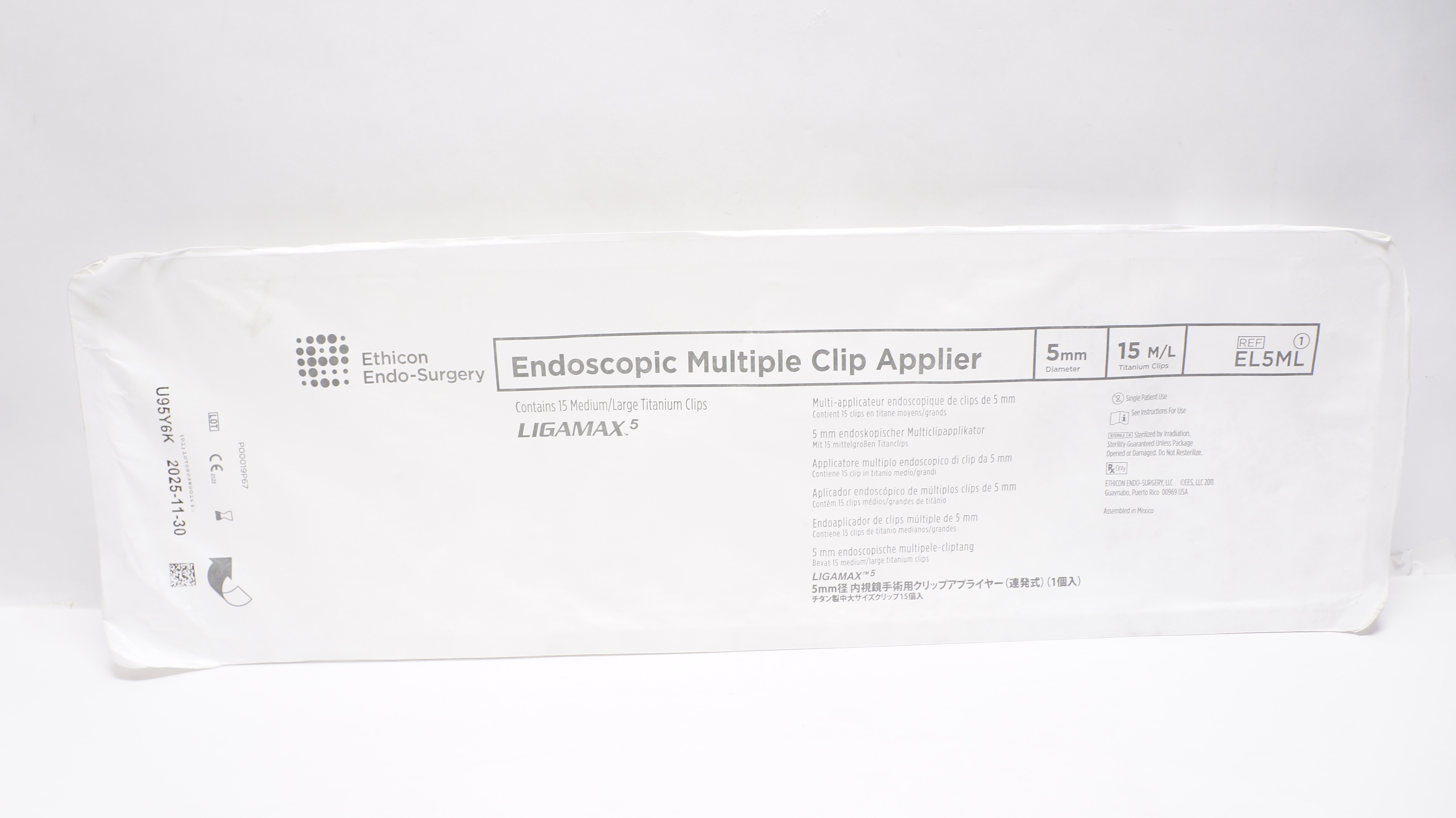 Ethicon EL5ML Ligamax Endoscopic Multiple Clip Applier 5mm, 15Medium/Large Clips