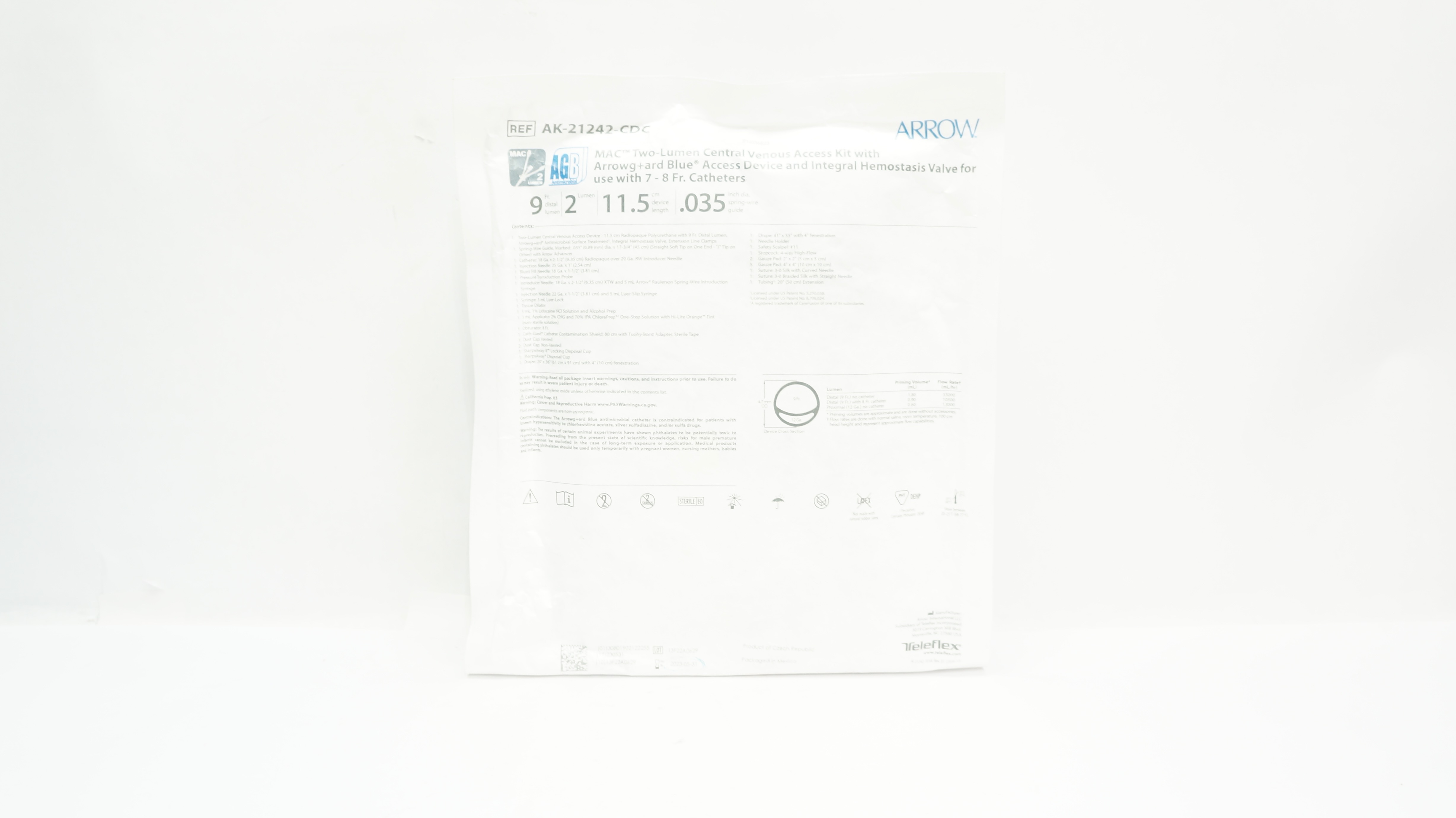 Arrow AK-21242-CDC MAC Two-Lumen Central Venous Access Kit 9Frx11.2cmx0.035in(x)