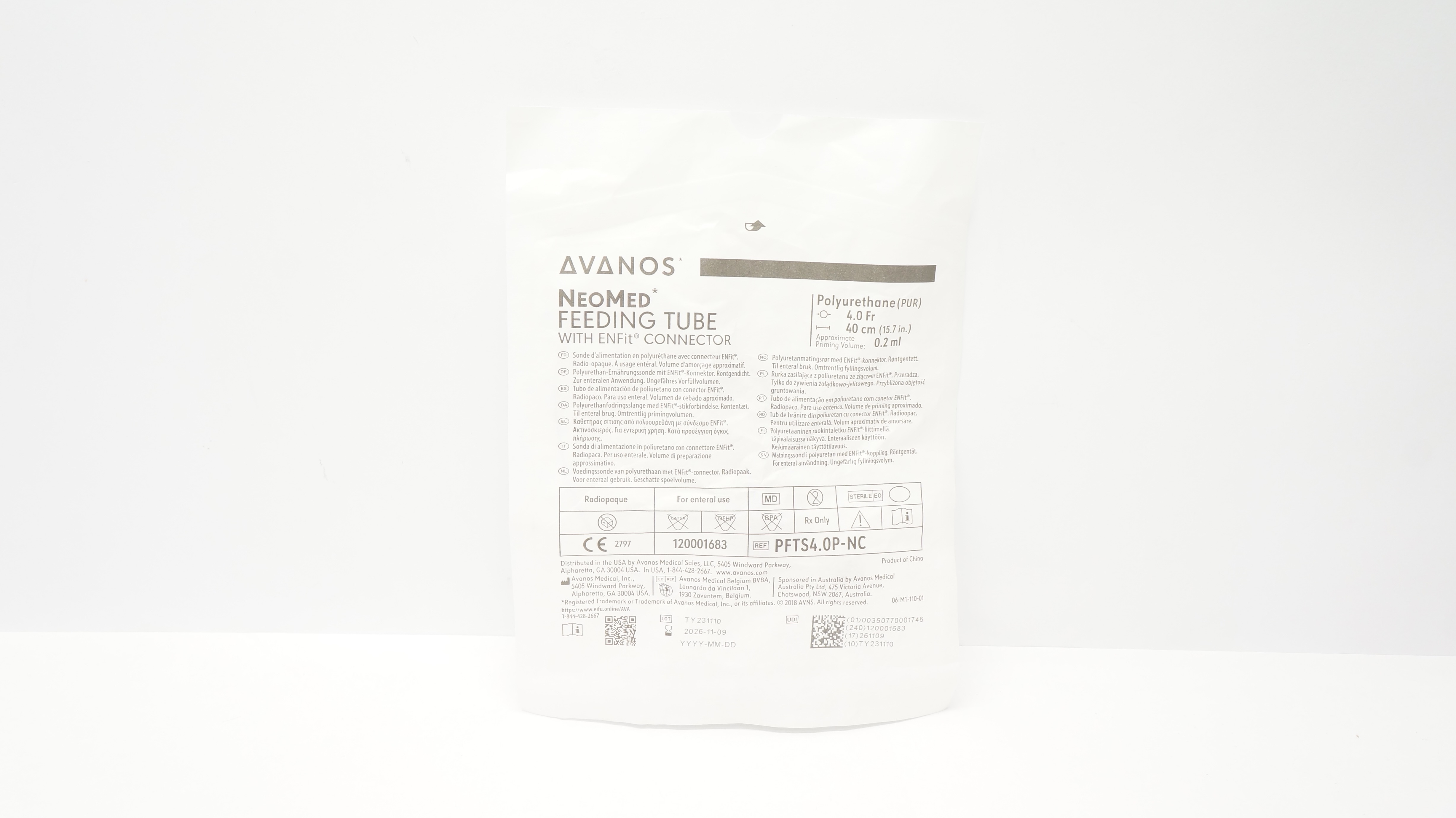 Avanos PFTS4.0P-NC NeoMed Feeding Tube w/Enfit Connector 4.0Fr x 15.7inch x0.2mL