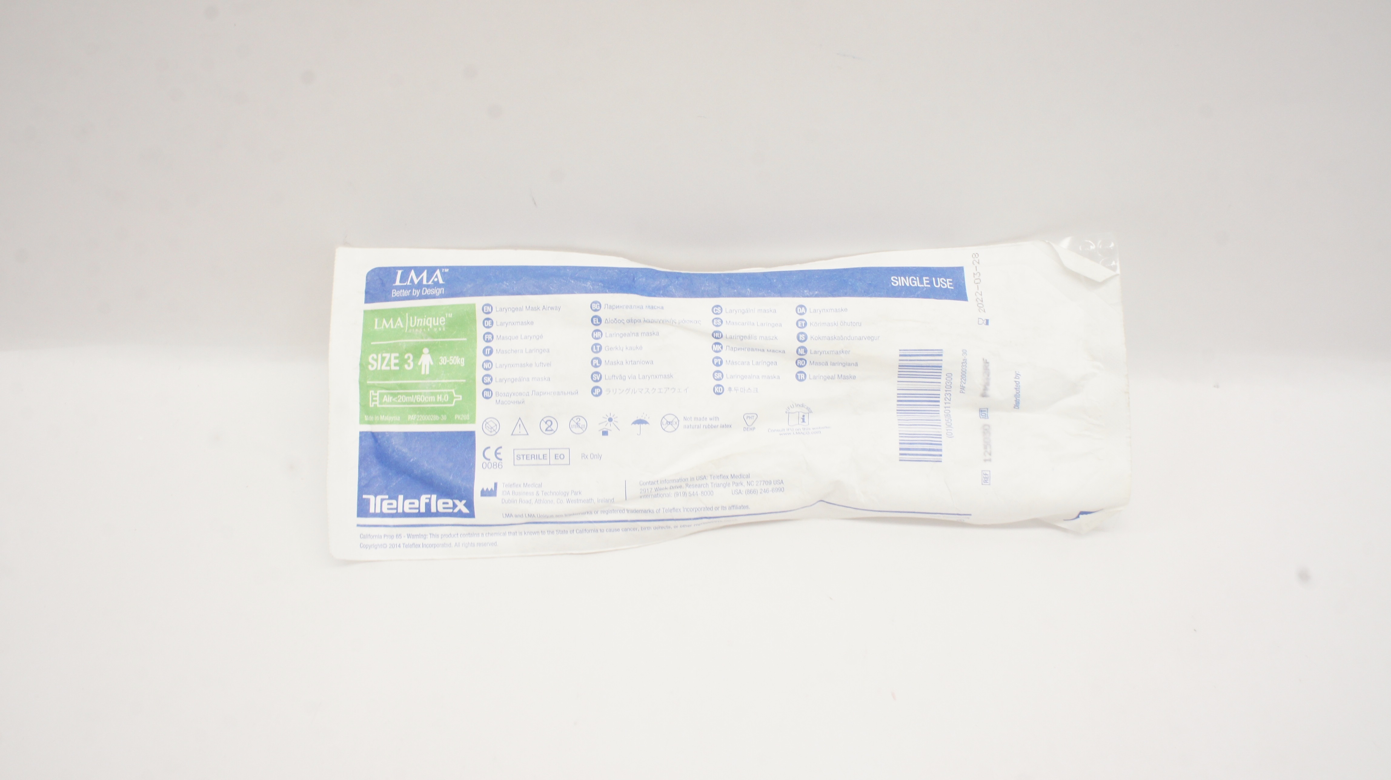 Teleflex 125030 LMA Unique Laryngeal Mask Airway Size3 30-50kg <20ml/60cm H2O(x)