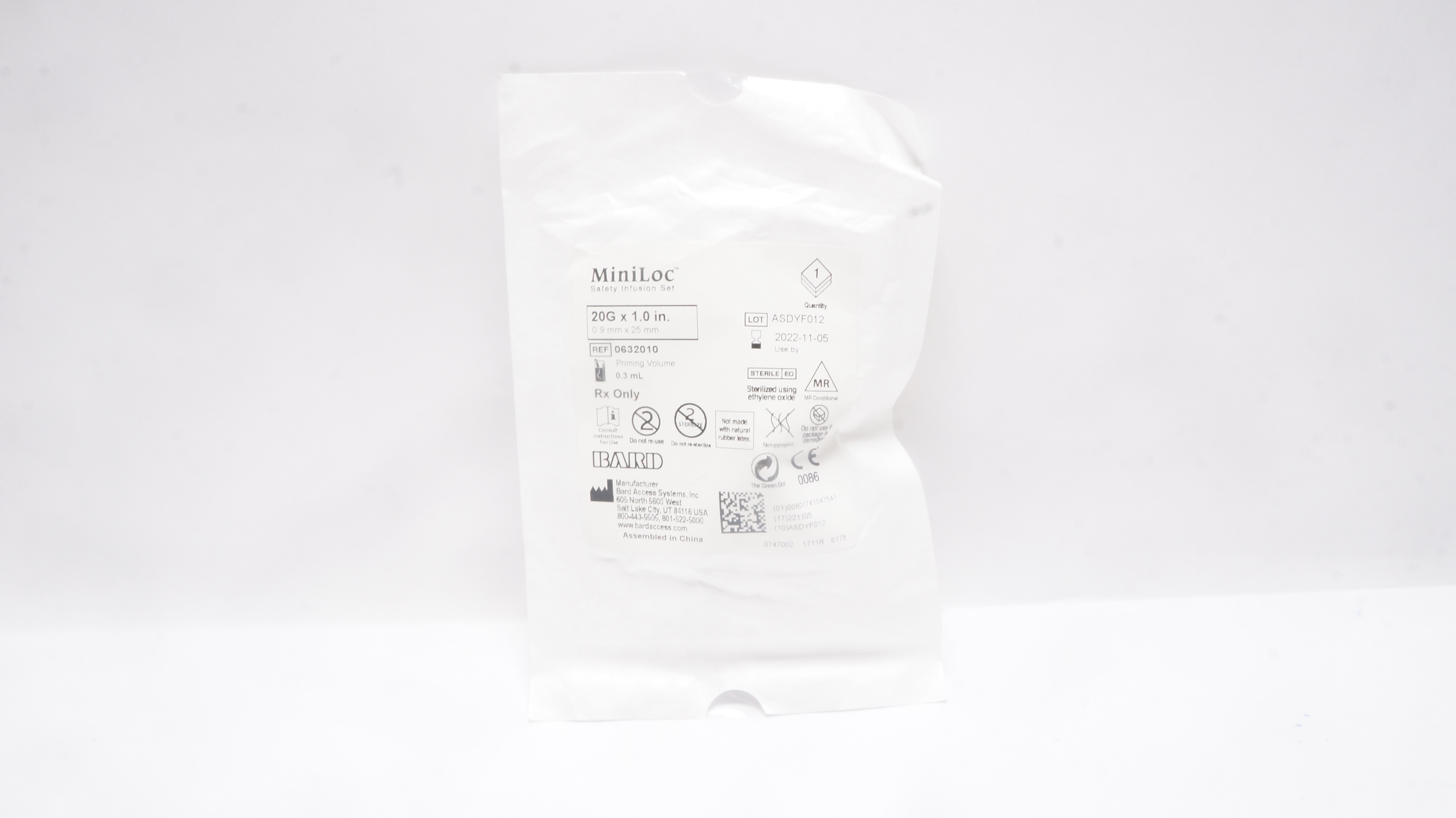 Bard 0632010 MiniLoc Safety Infusion Set 20G x 1.0inch Prim. Volume 0.3ml (x)