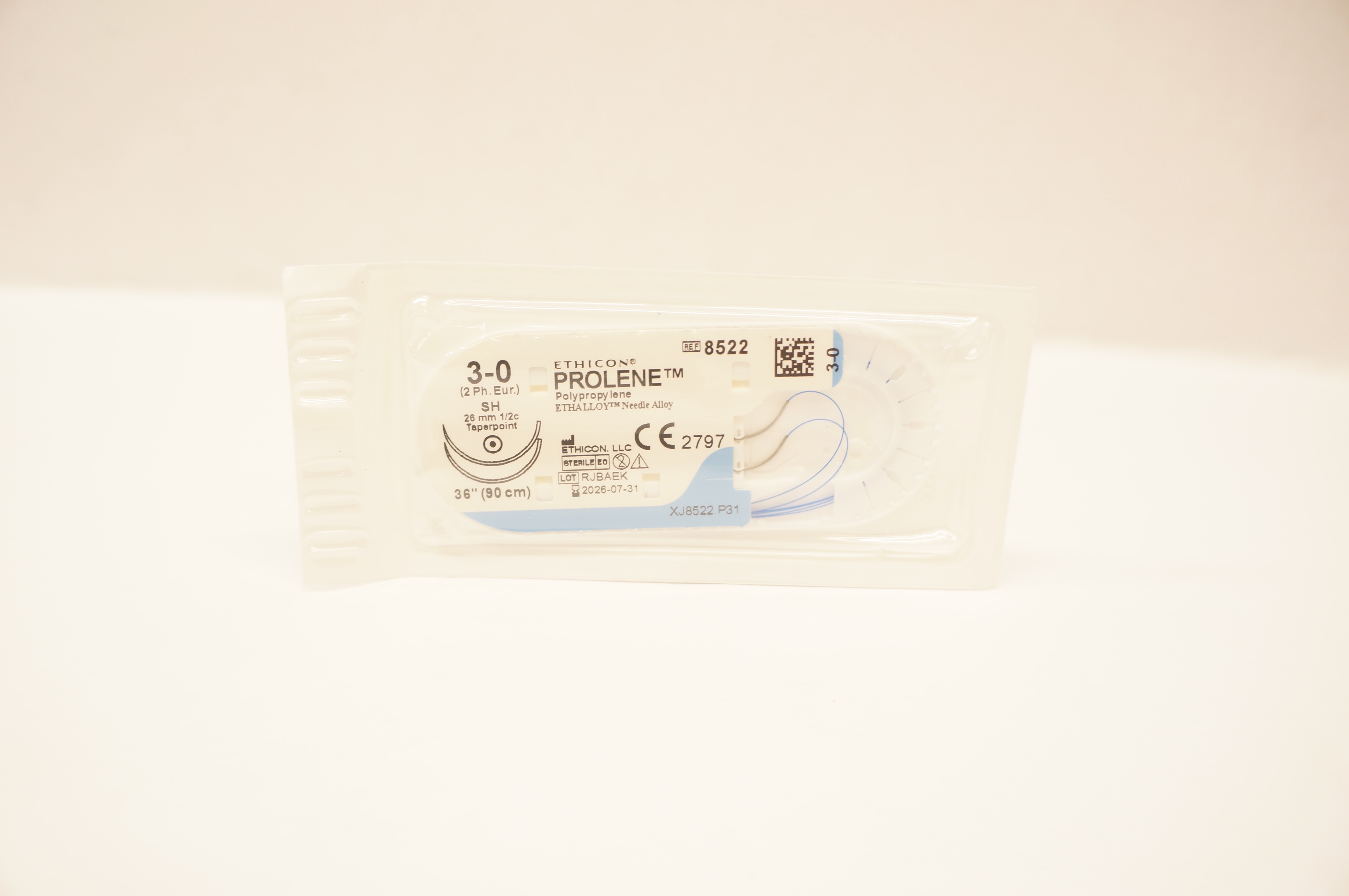 Ethicon 8522 3-0 PROLENE Polypropylene Stre SH 26mm 1/2c Taperpoint, 36inch