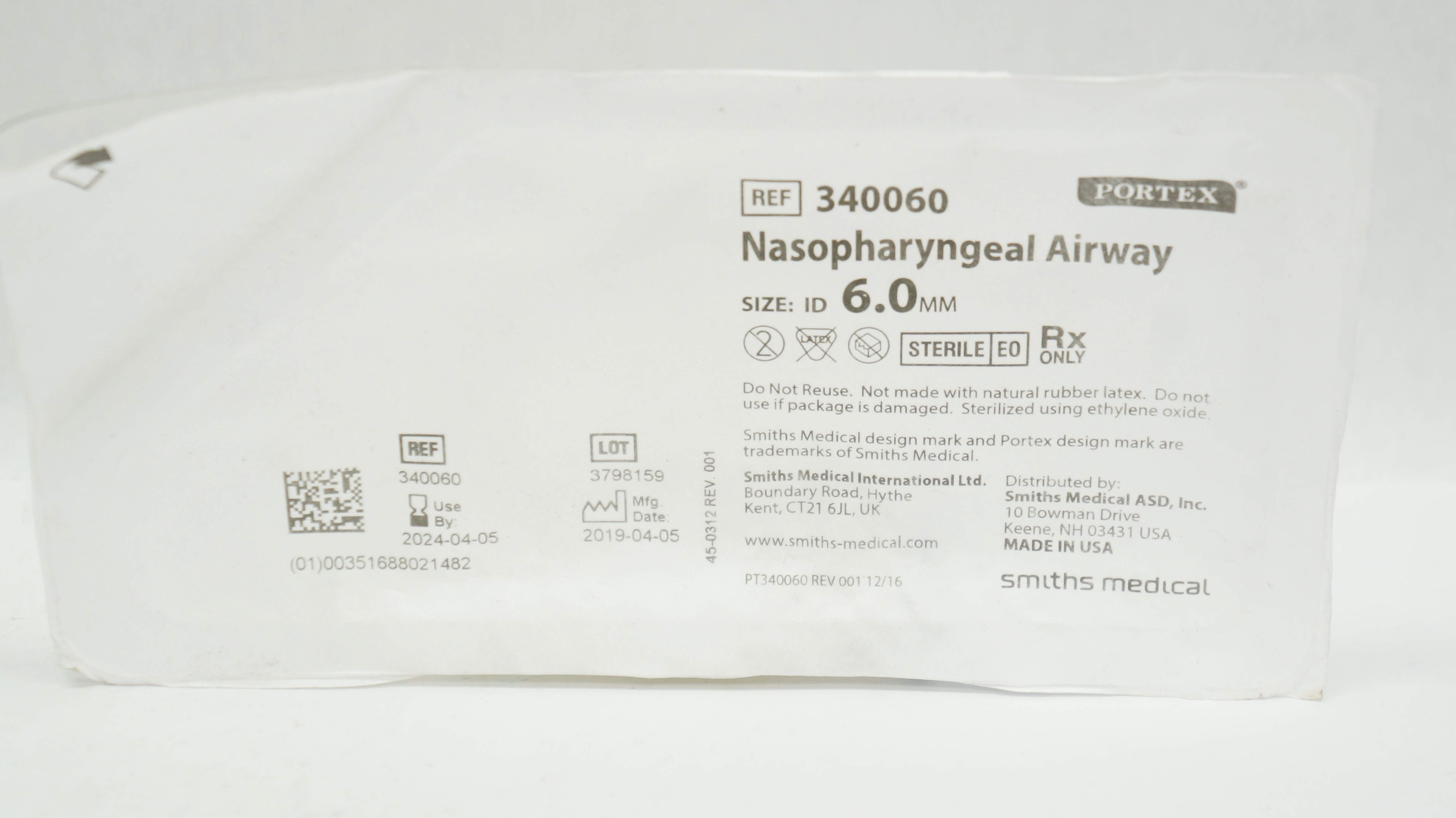 Smiths Medical 340060 Portex Nasopharyngeal Airway 6.0mm I.D.