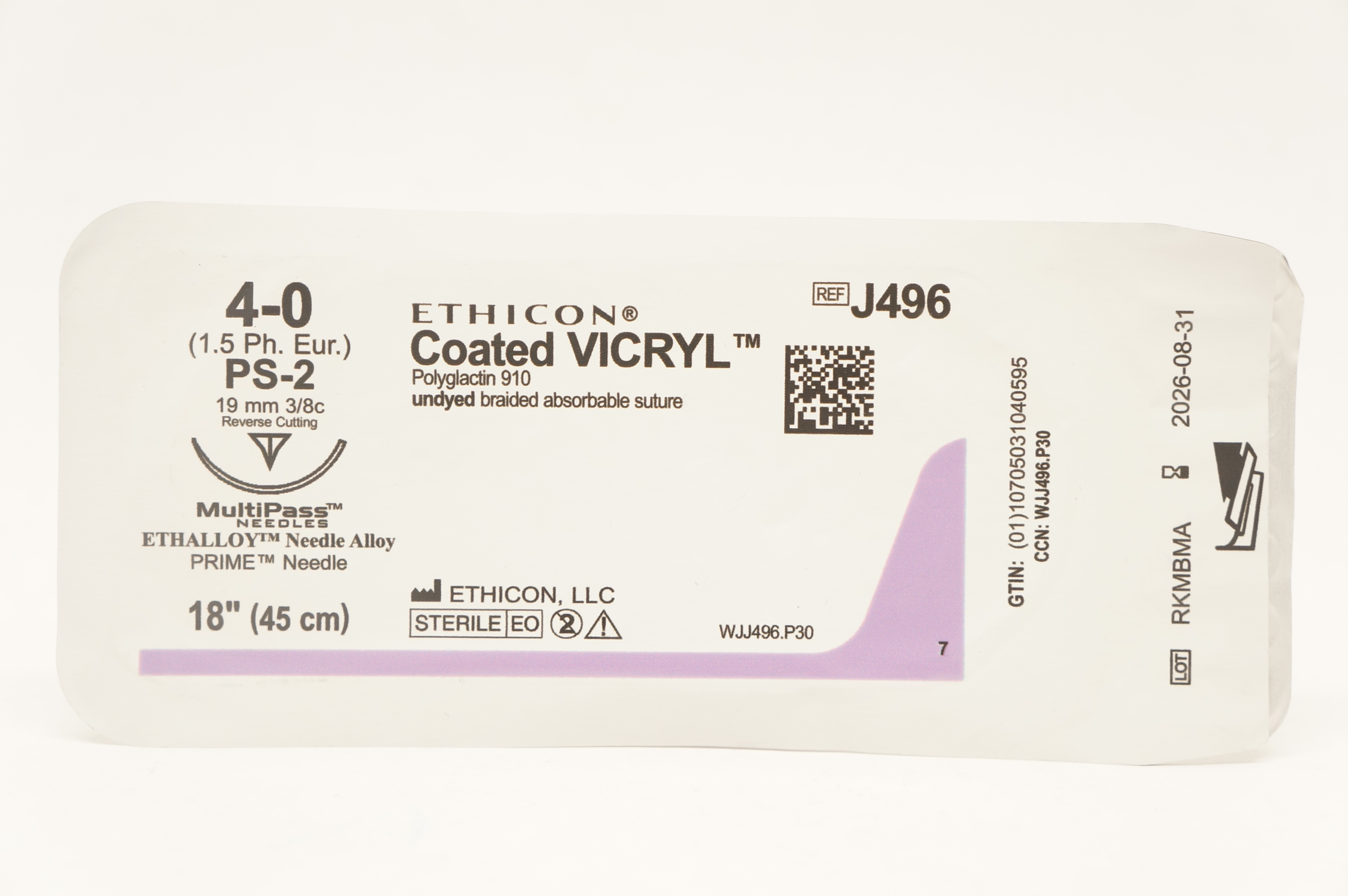 Ethicon J496 4-0 Coated VICRYL Stre PS-2 19mm 3/8c Reverse Cutting 18inch