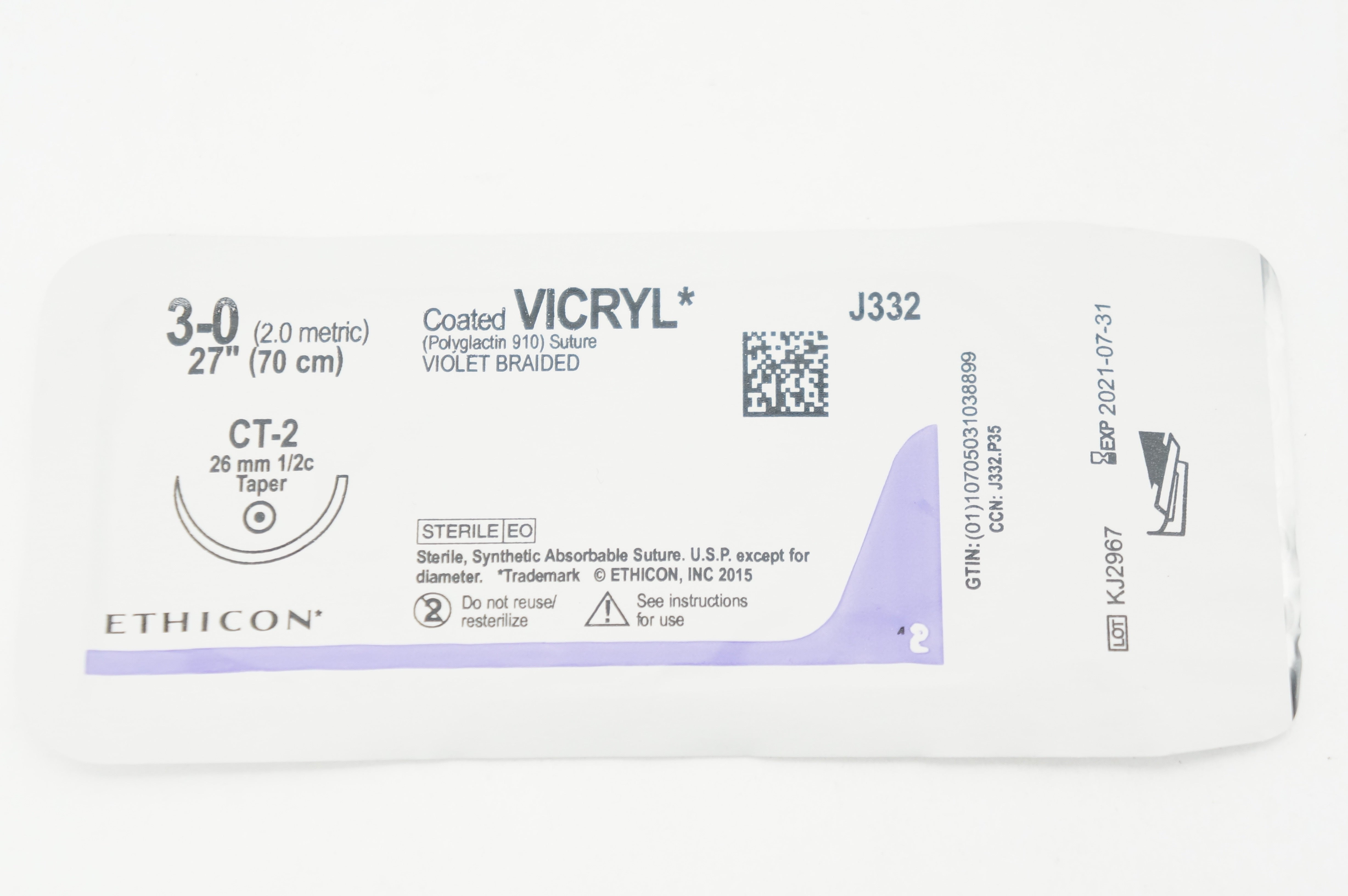 Ethicon J332 3-0 VICRYL, CT-2, 26mm 1/2c Taper, 27inch (x)