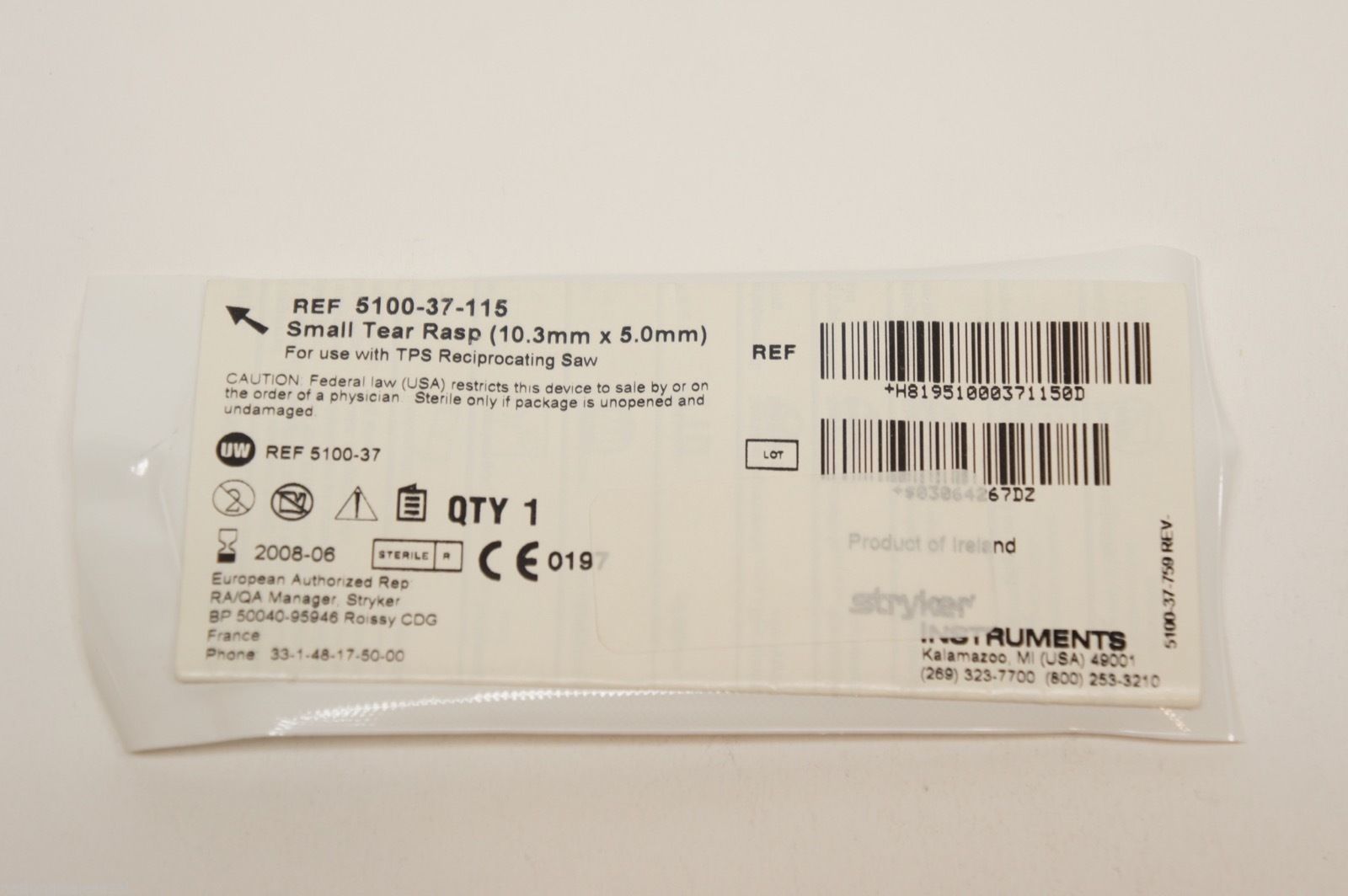 5100-37-115 ~ Stryker Small Tear Rasp 10.3mm x 5.0mm (x)