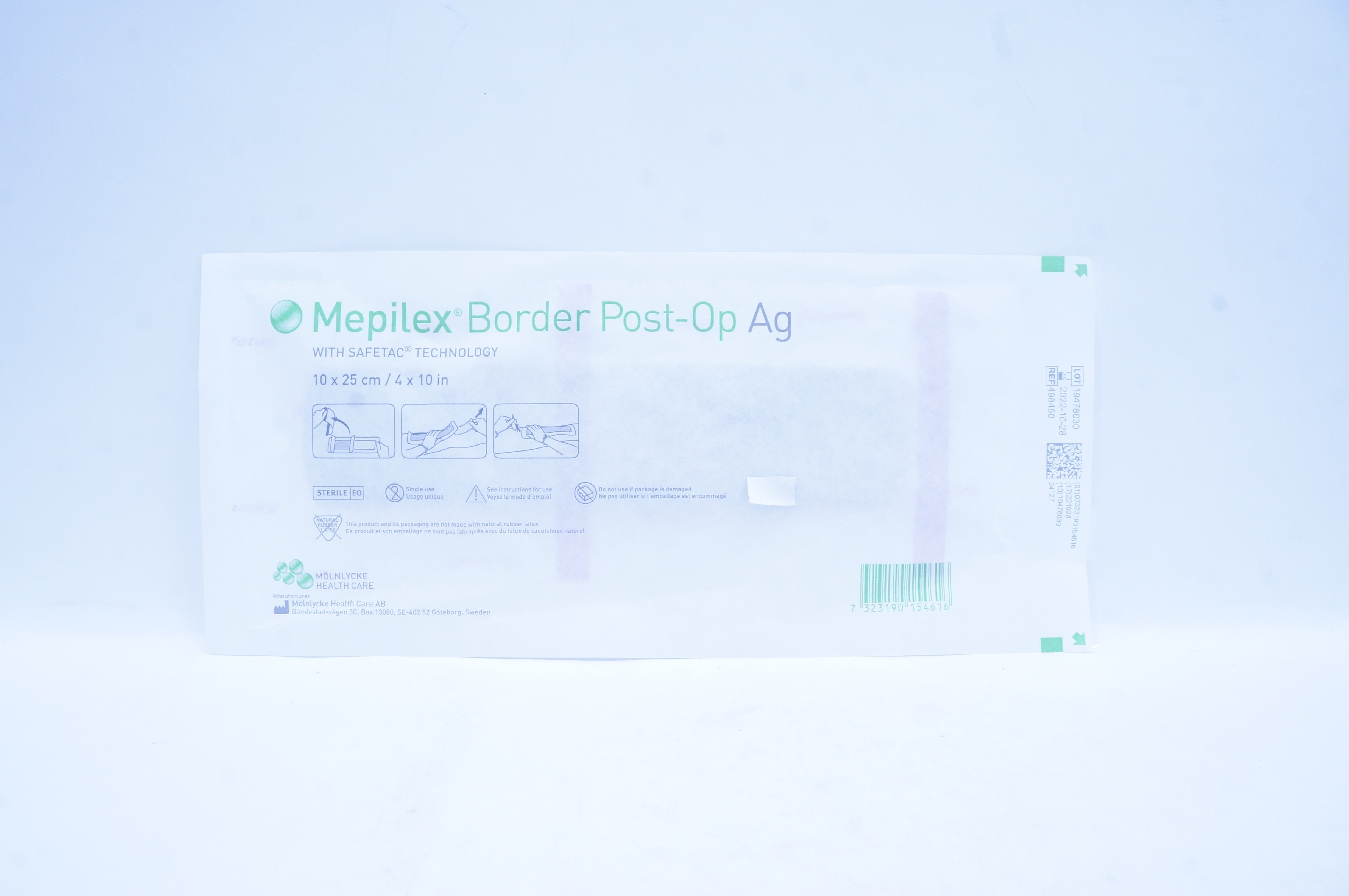 Molnlycke Health Care 498450 Mepilex Border Post-Op Ag 4 x 10 inch