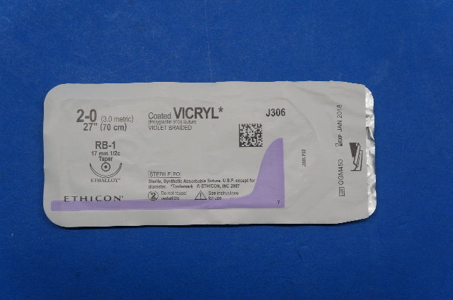 Ethicon J306 2-0 VICRYL, RB-1 17mm 1/2c Taper, Violet Braided, 27 (x)