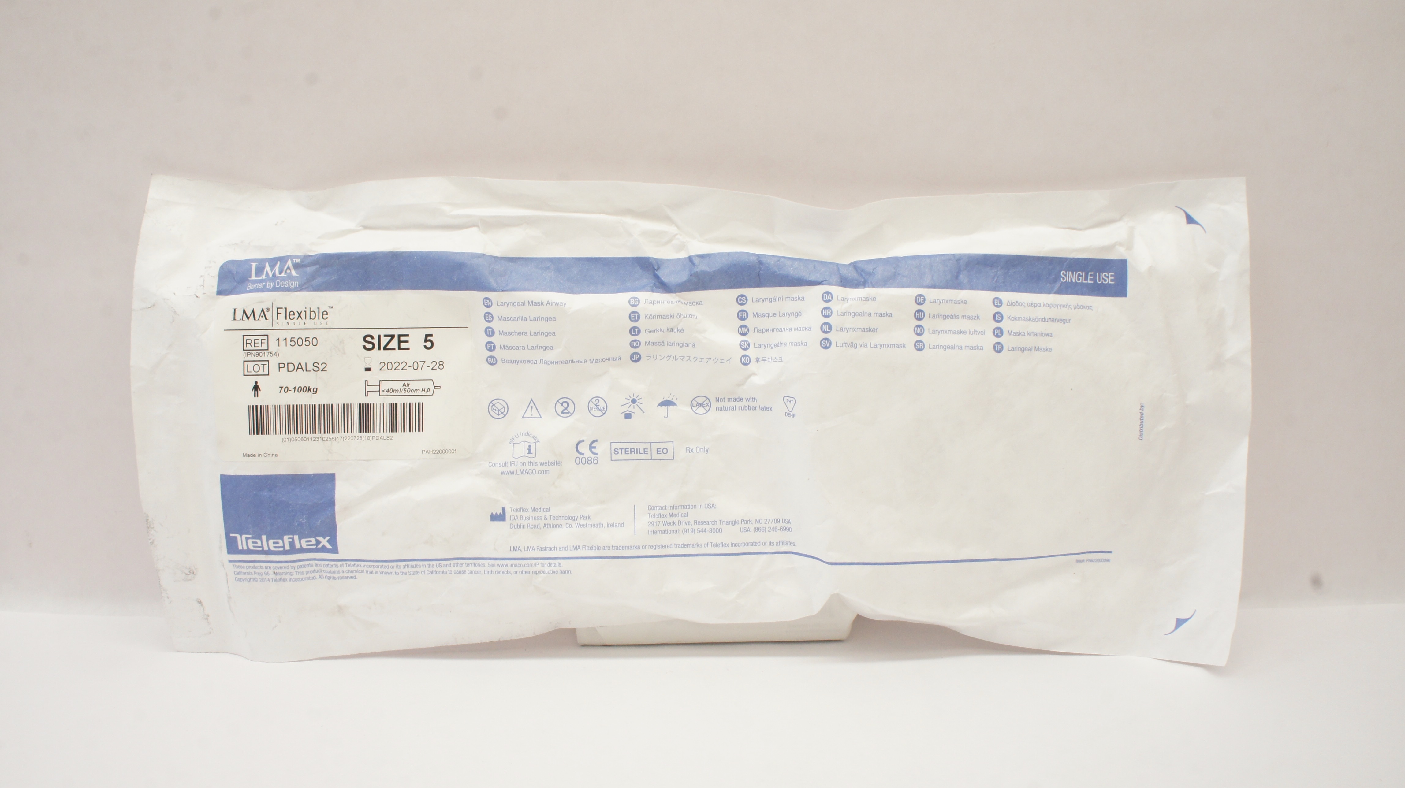 Teleflex 115050 LMA Flexible Laryngeal Mask Airway Size 5 70-100kg <40ml/60cm(x)