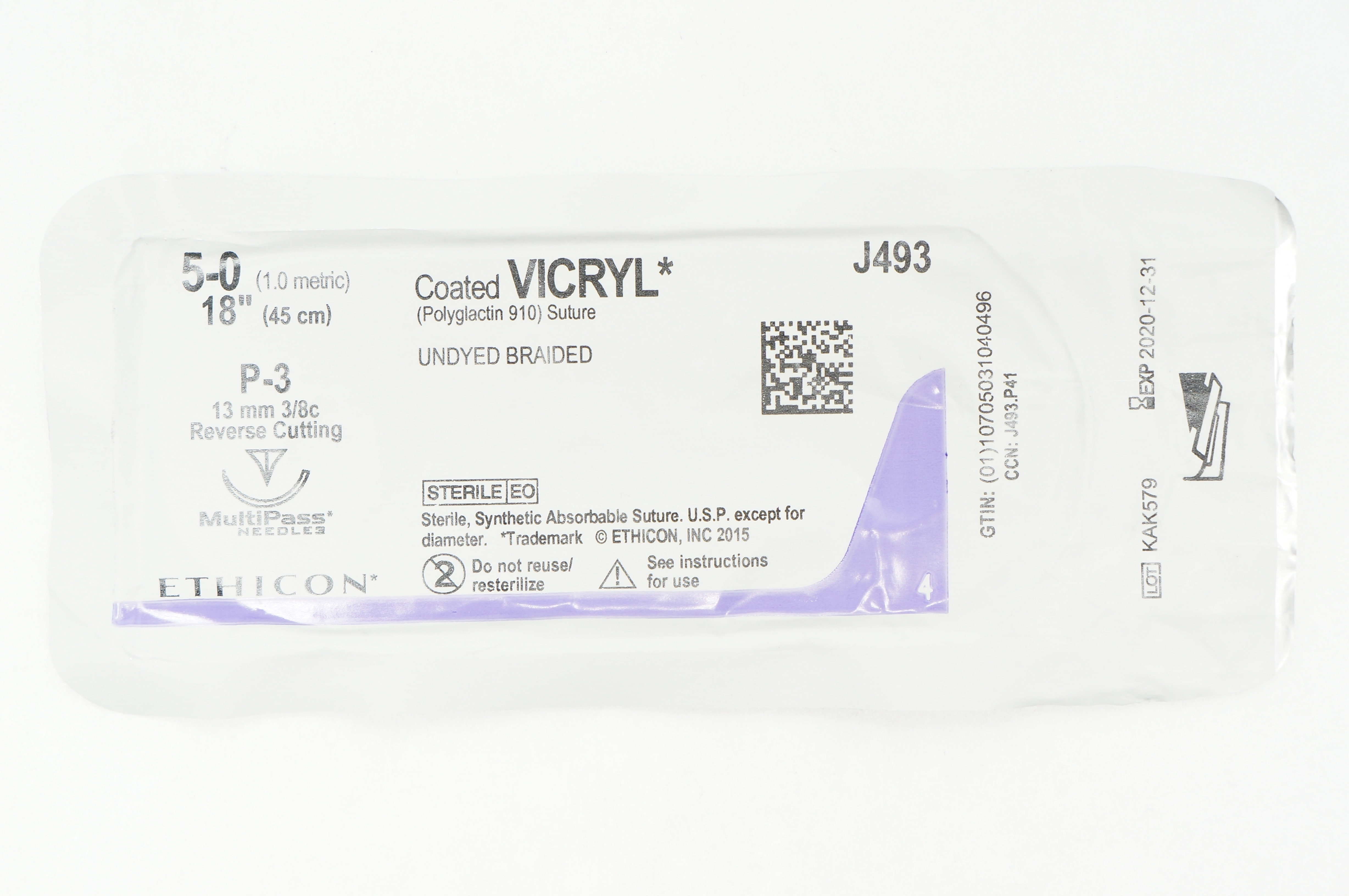 Ethicon J493 5-0 VICRYL P-3, 13mm 3/8c Reverse Cutting, 18inch (x)