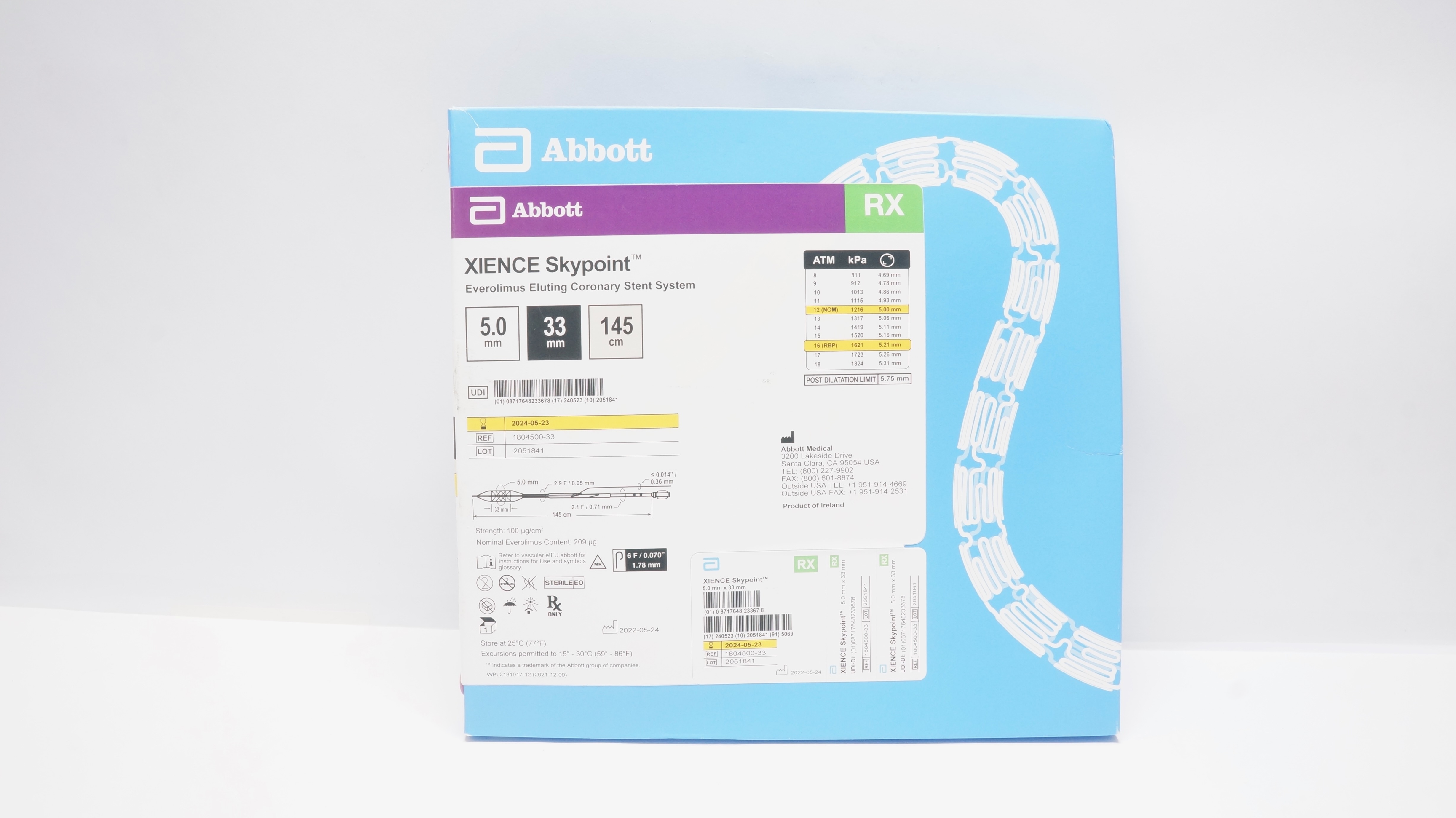 Abbott 1804500-33 Xience Skypoint Coronary Stnt System 145cm x 33mm x 5.0mm (x)