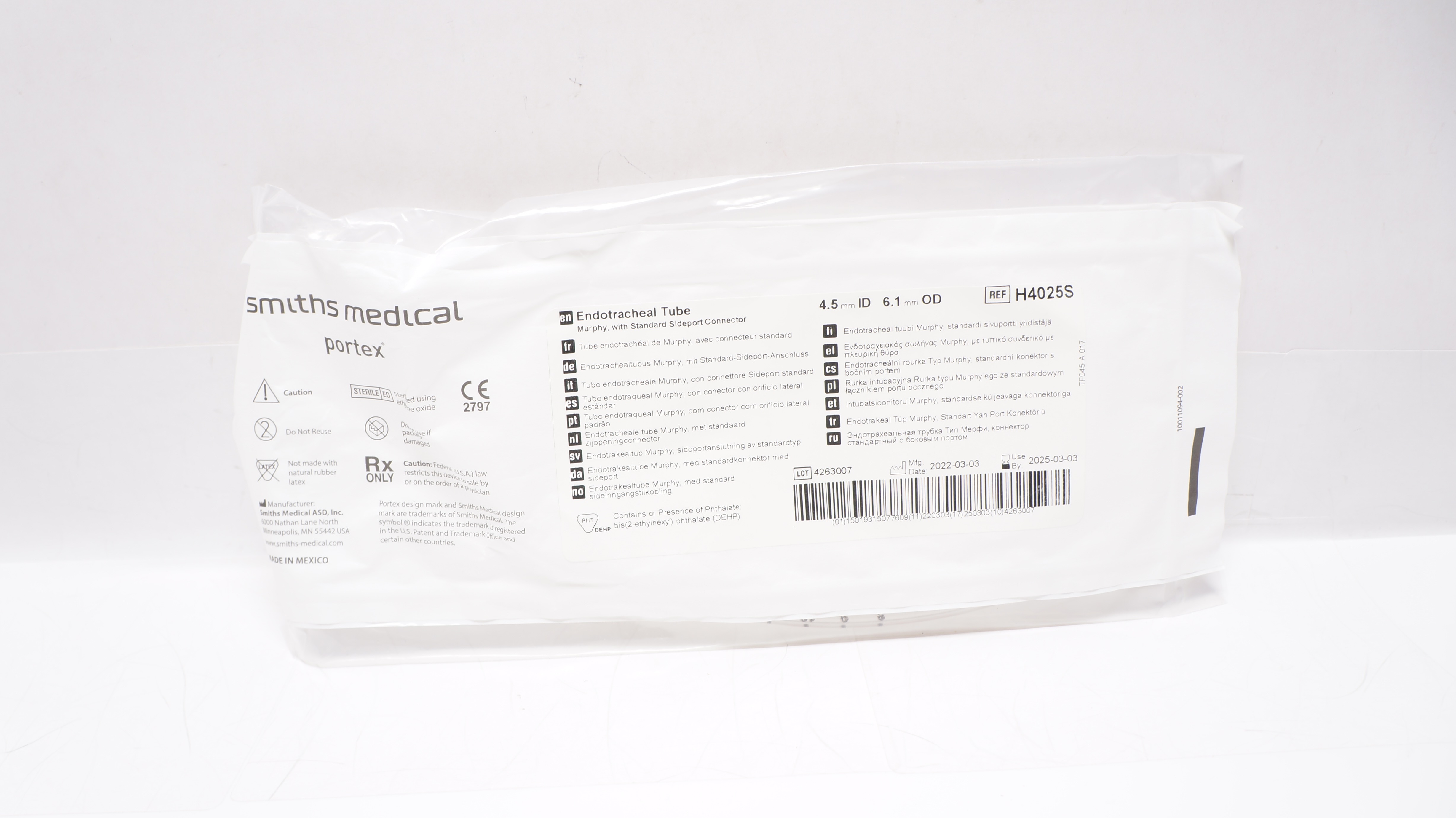 Smiths Medical H4025S Portex Endotracheal Tube Murphy, 4.5 mm ID x 6.1 mm OD