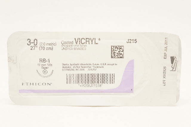 Ethicon J215 3-0, RB-1 Vicryl 17mm 1/2c Taper, 27inch (x)