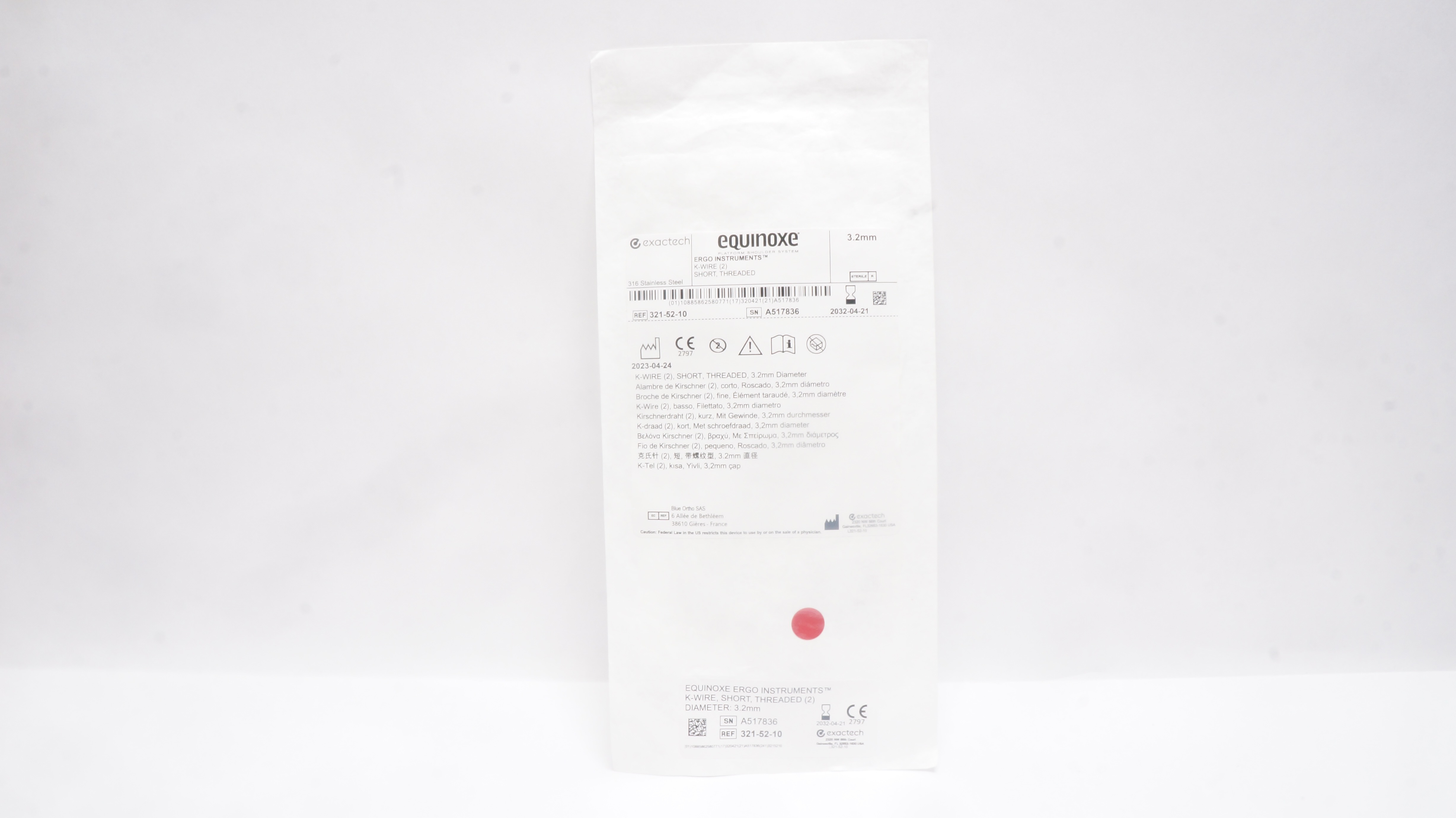 Exactech 321-52-10 Equinoxe Ergo Instruments K-Wire (2) Short Threaded 3.2mm