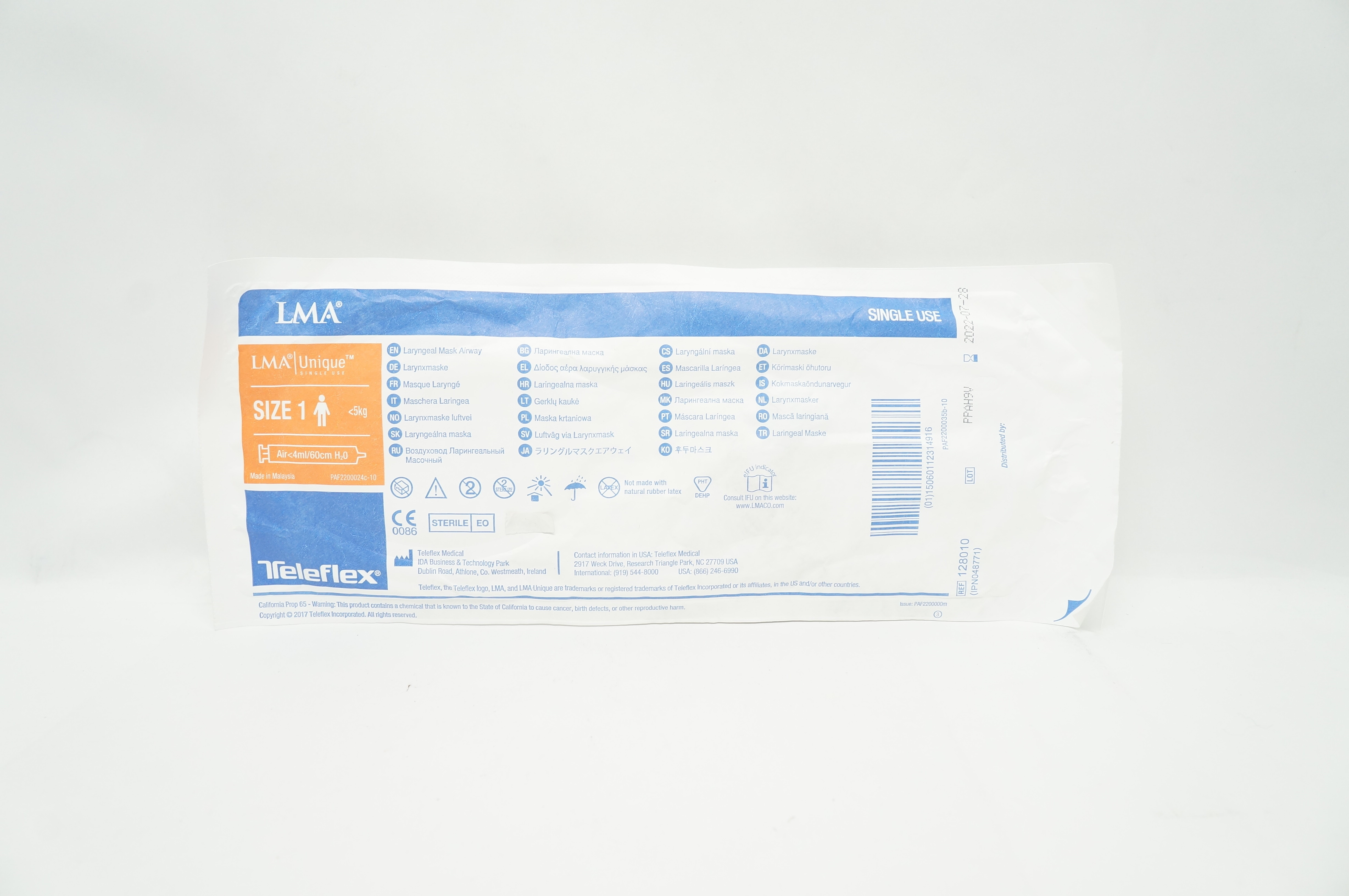Teleflex 128010 LMA Laryngeal Mask Airway, Size 1 <5kg, Air<4ml/60cm H2O (x)