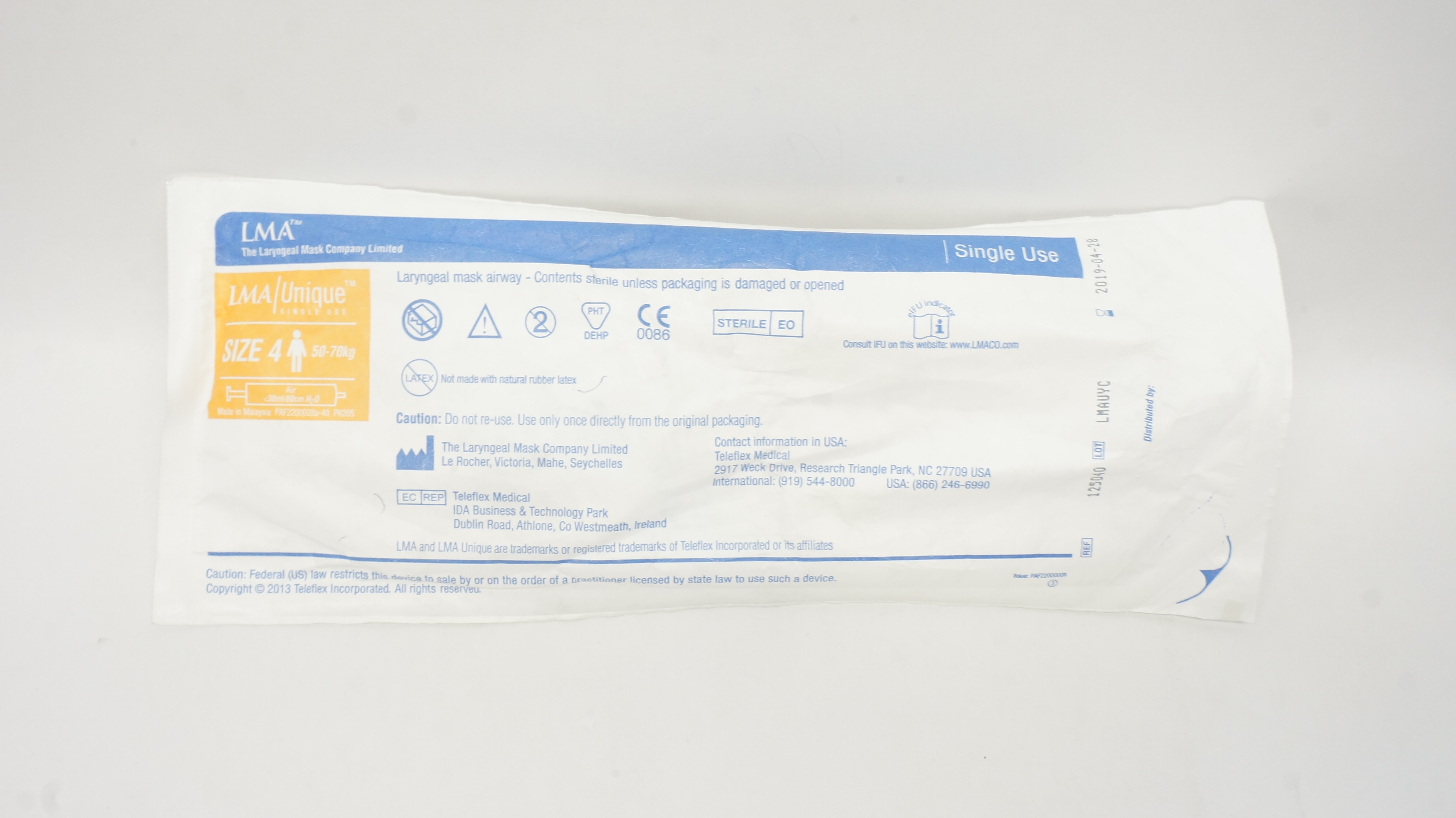 Teleflex 125040 LMA Laryngeal Mask Airway, Size 4 50-70kg Air <30ml/60cm H2O (x)