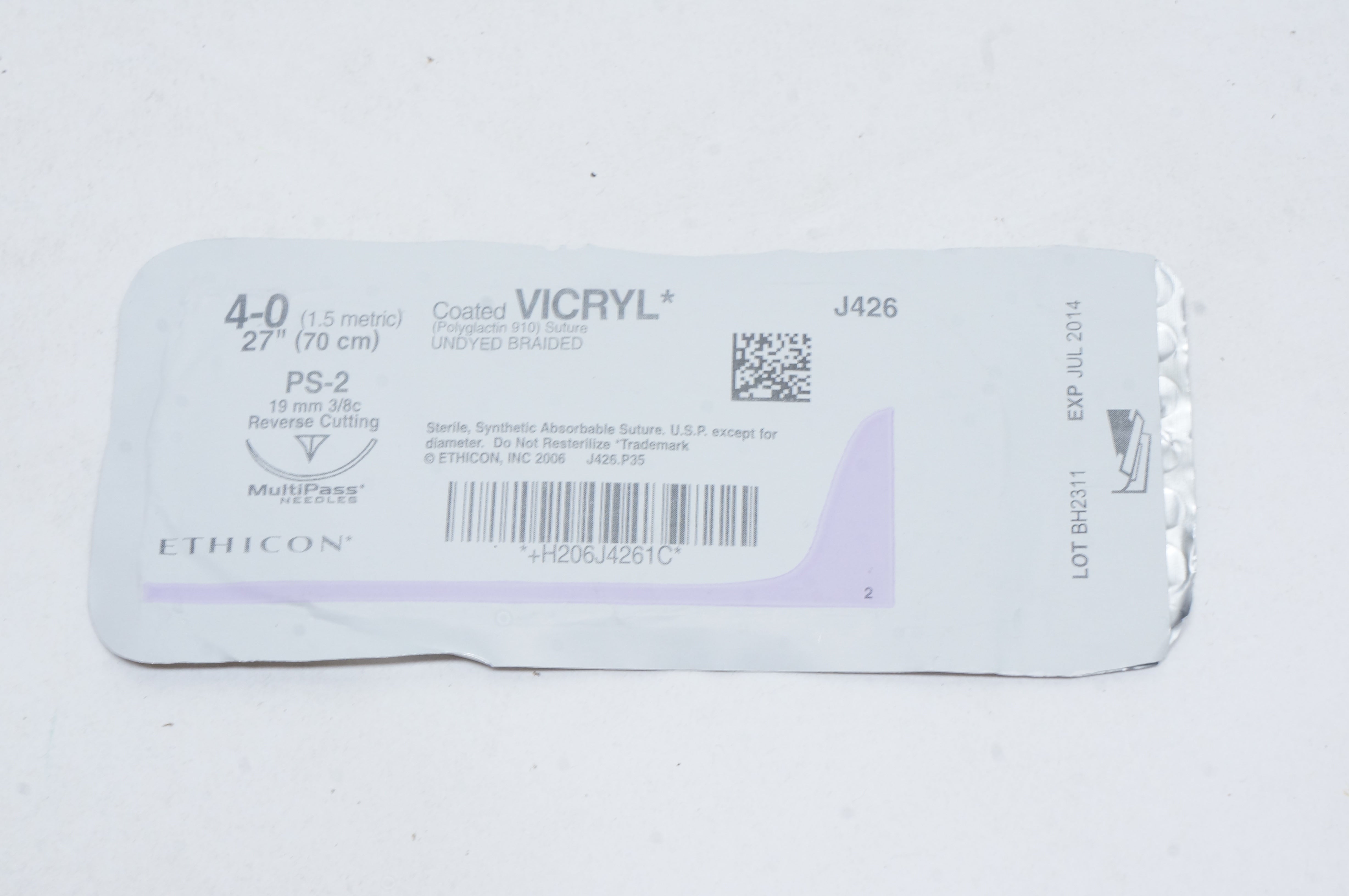 Ethicon J426 4-0 VICRYL, PS-2, 19mm 3/8c Reverse Cutting, 27inch (x)