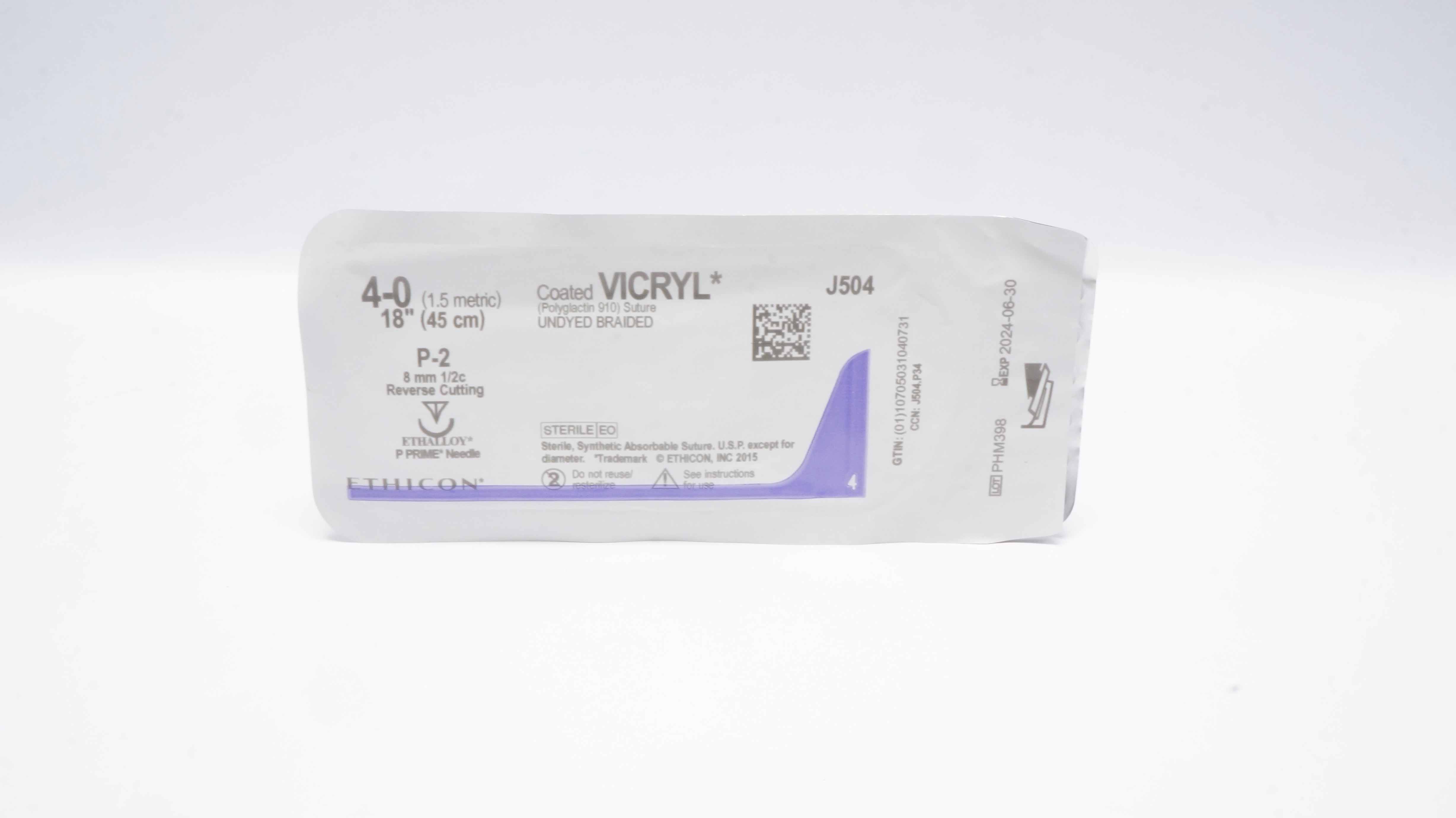 Ethicon J504 4-0 Coated VICRYL Stre P-2 8mm 1/2c Reverse Cutting, 18in (x)