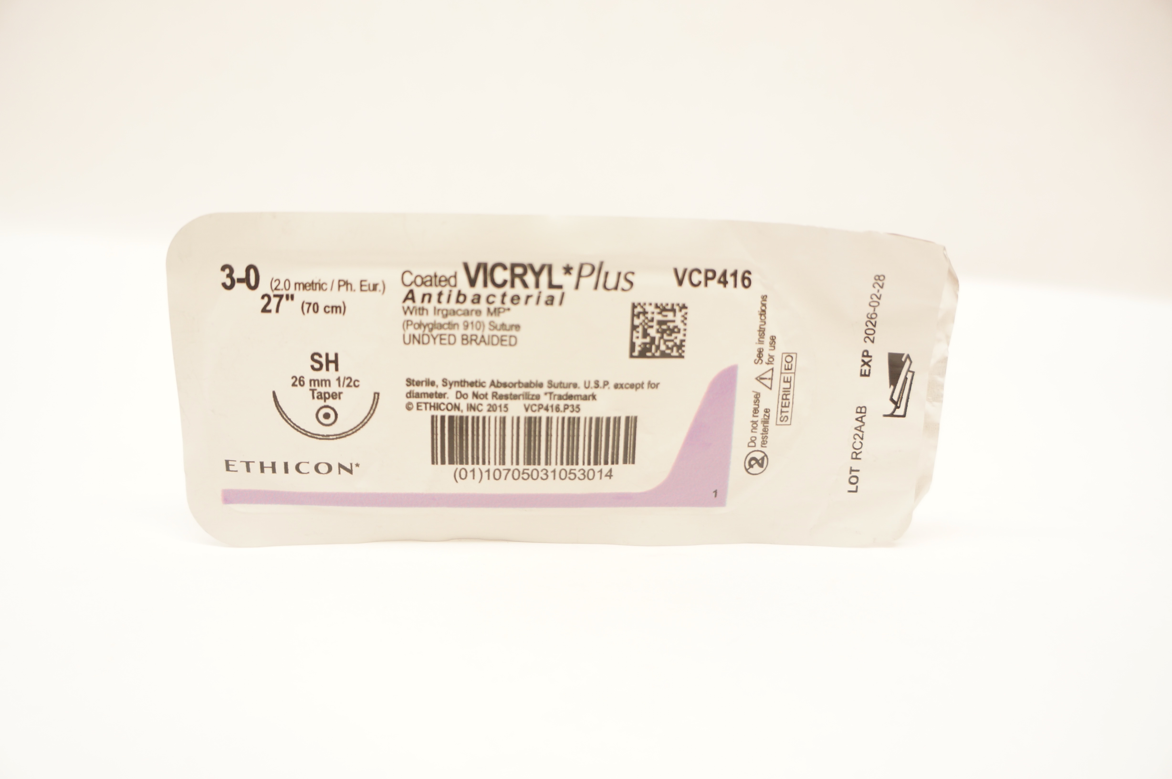 Ethicon VCP416 3-0 Vicryl Plus Antibacterial Stre. SH 26mm 1/2c Taper, 27 inch