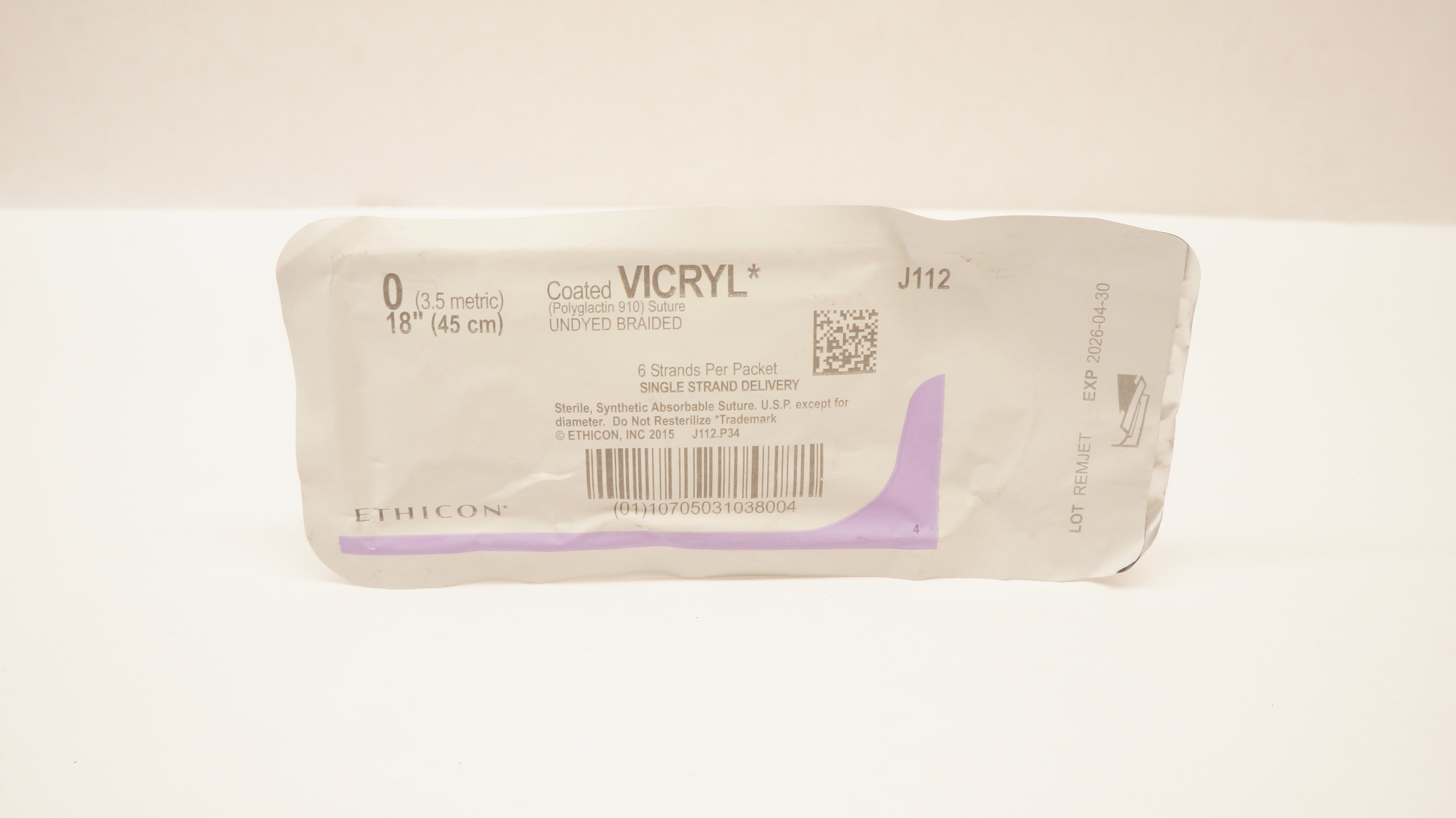 Ethicon J112 0 Coated VICRYL Stre Undyed Braided, 18inch