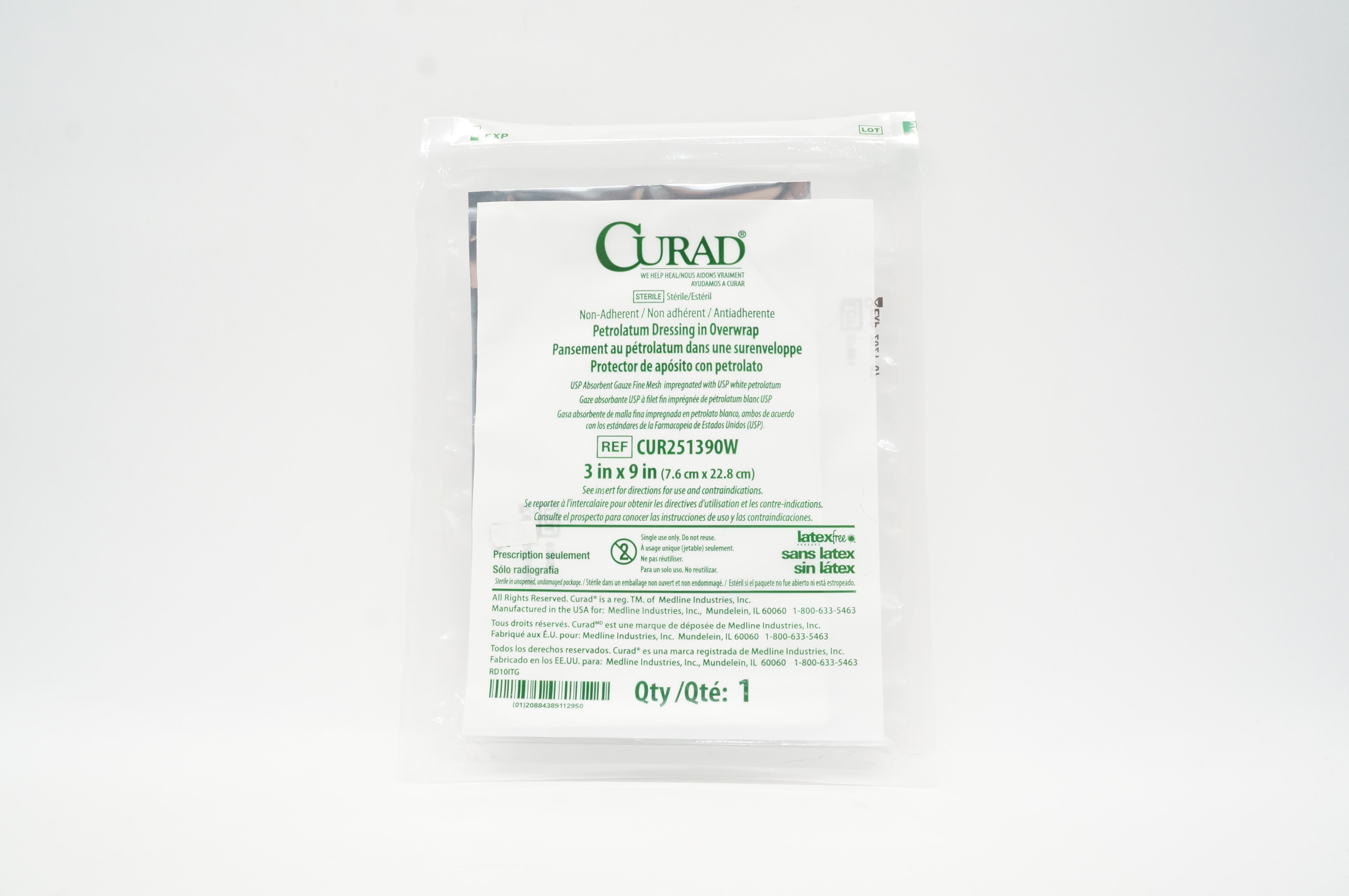 Medline CUR251390W Curad Petrolatum Dressing in Overwrap 3 x 9inch