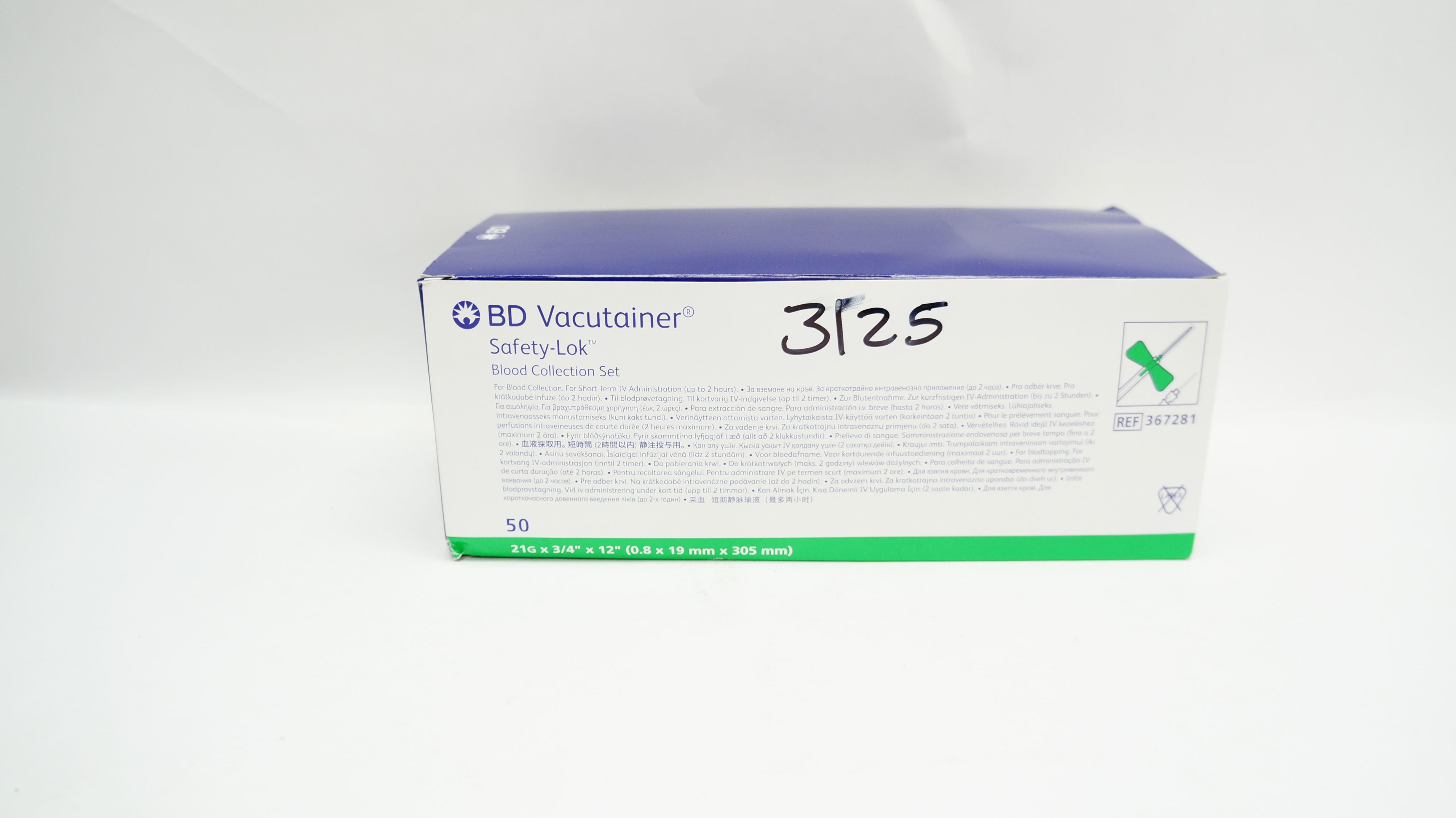 BD 367281 Vacutainer Safety-Lok Blood Collection Set 21Gx 3/4x12inch - Box of 50