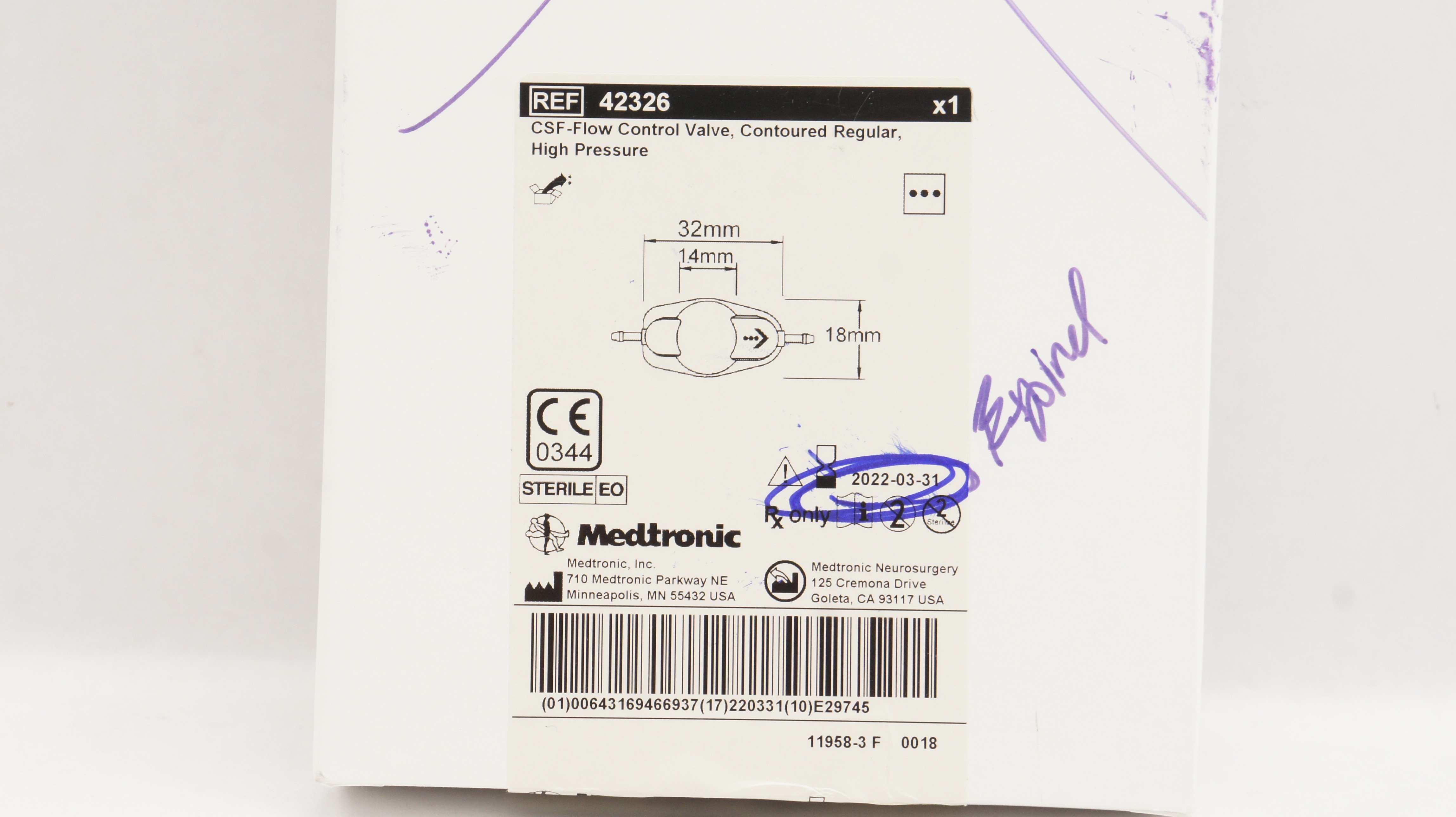 Medtronic 42326 CSF-Flow Control Valve Contoured Regular High Pressure (x)