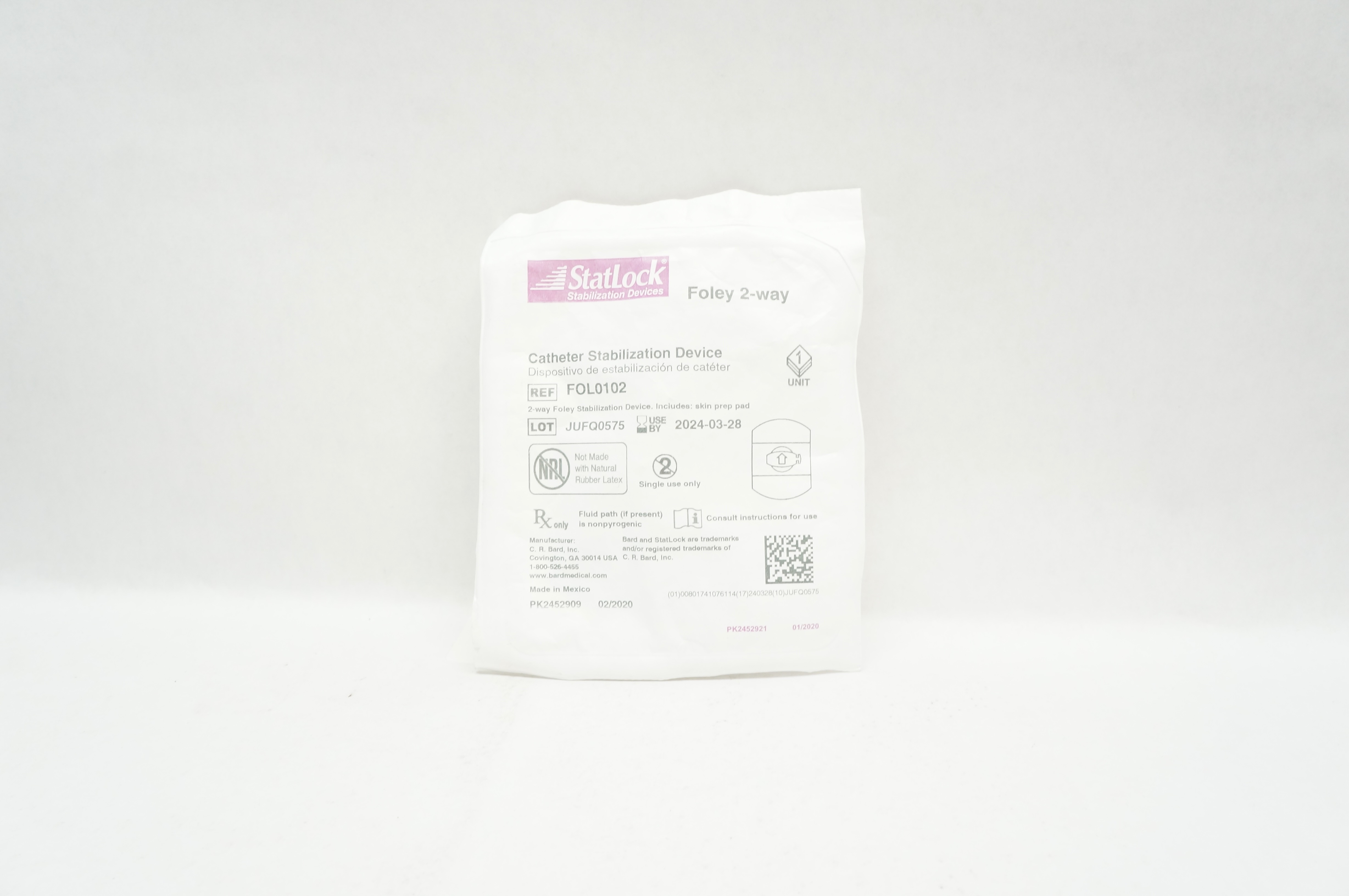 Bard FOL0102 Statlock Cath. Stabilization Device, Foley 2-Way