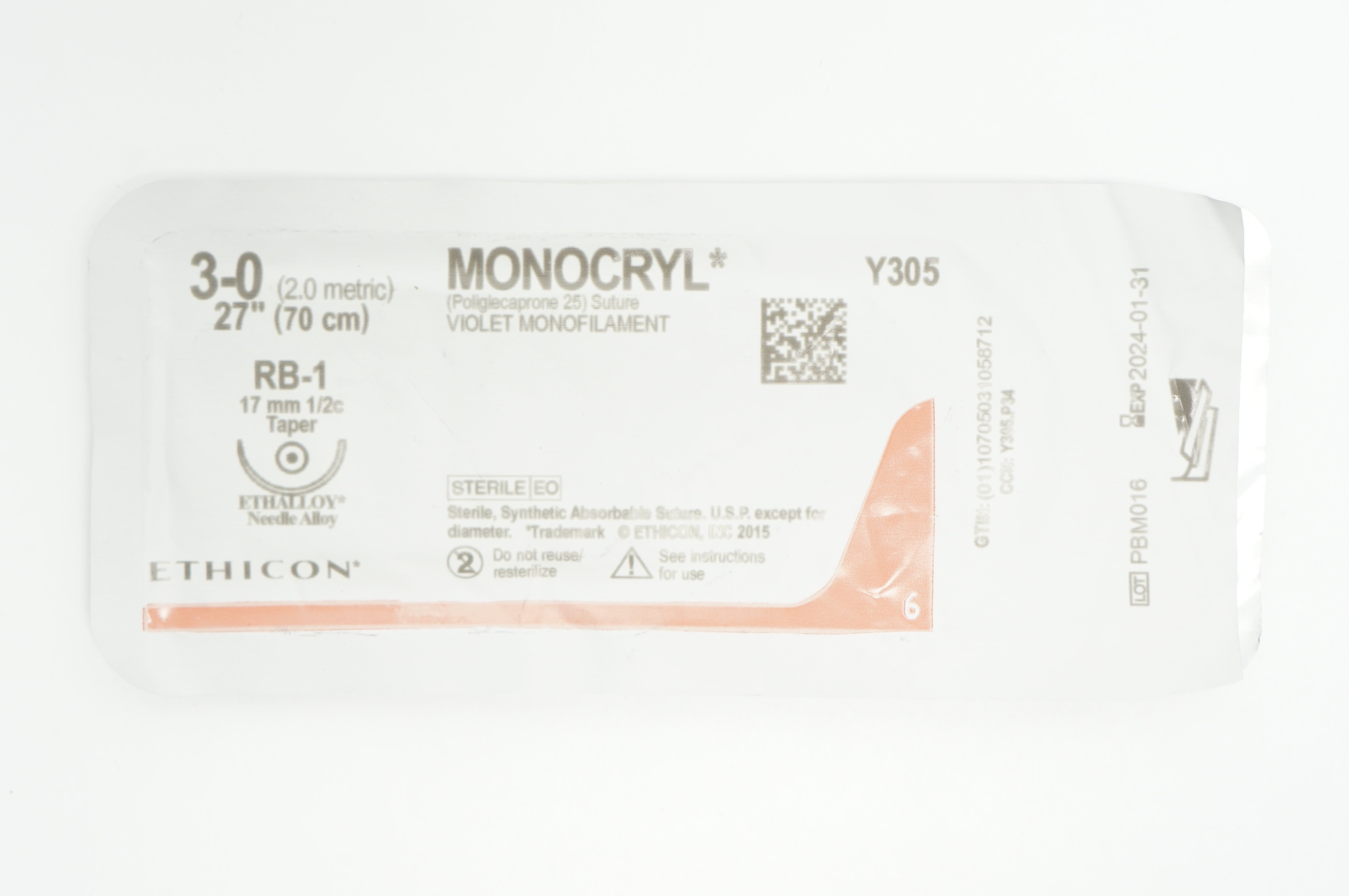 Ethicon Y305 3-0 MONOCRYL RB-1, 17mm 1/2c Taper, 27inch