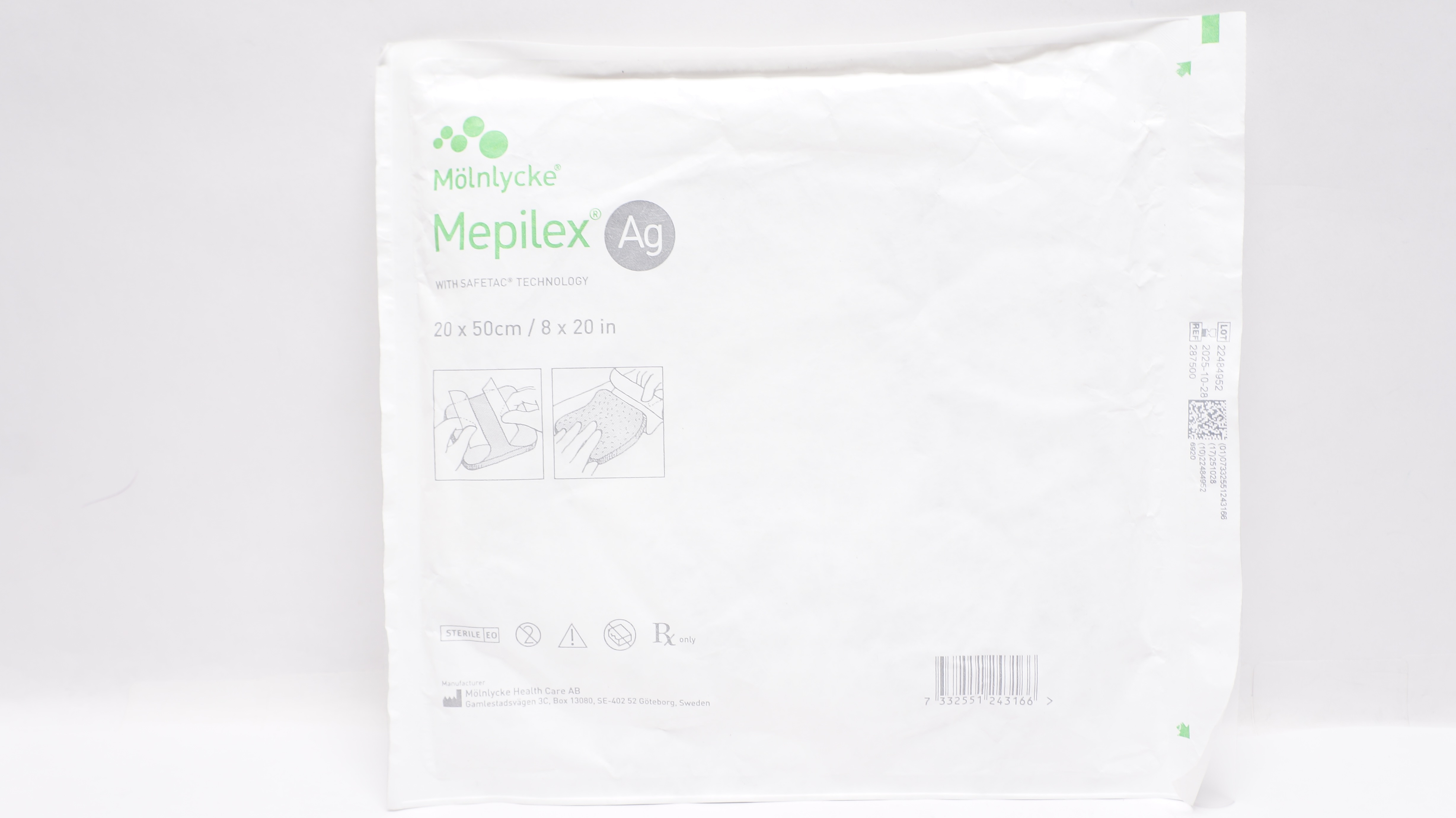 Molnlycke 287500 Mepilex Ag Antimicrobial Foam Dressing 8 x 20 inch