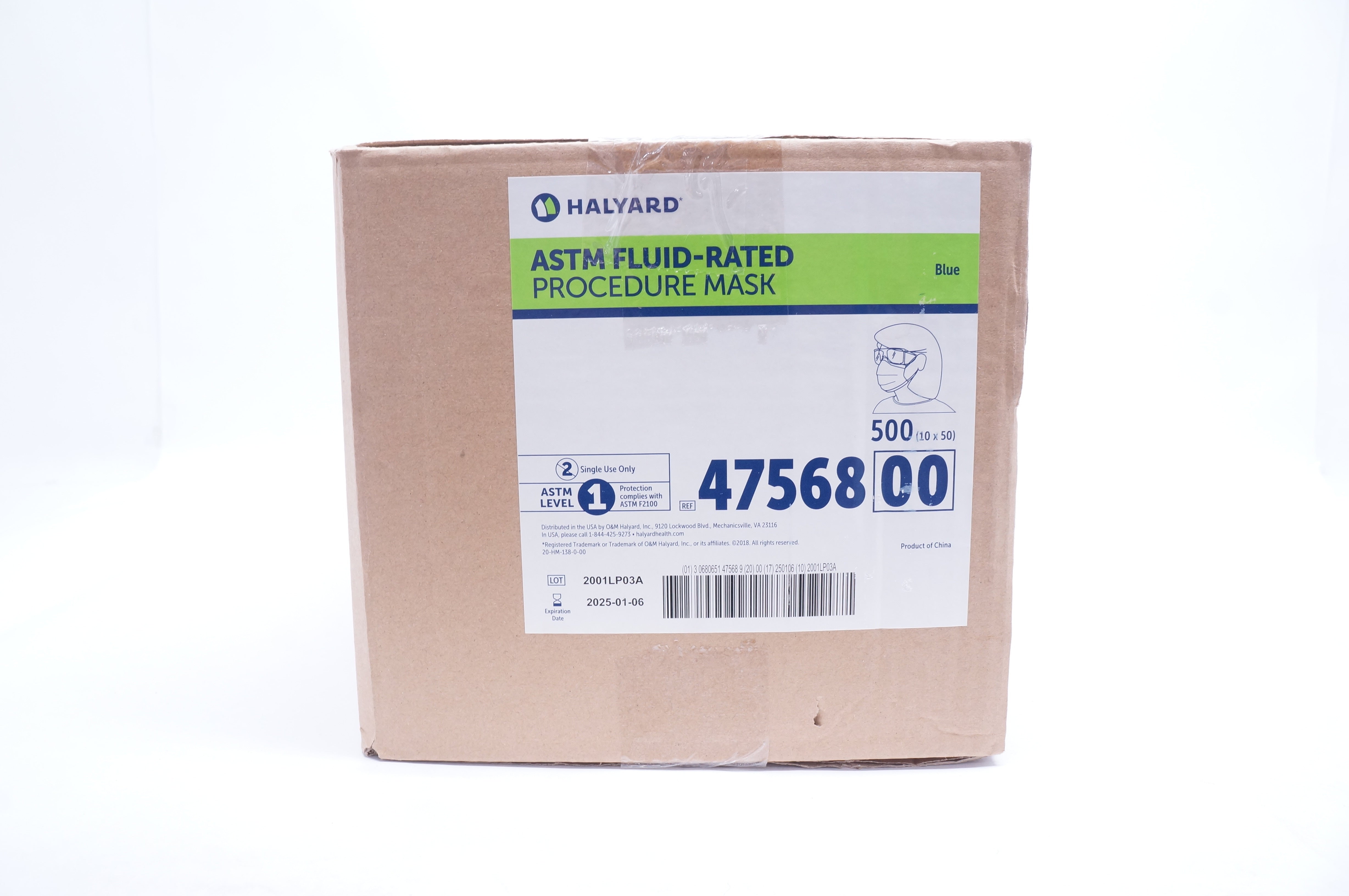 Halyard 47568 ASTM Fluid-Rated Procedure Mask Blue - Case of 500