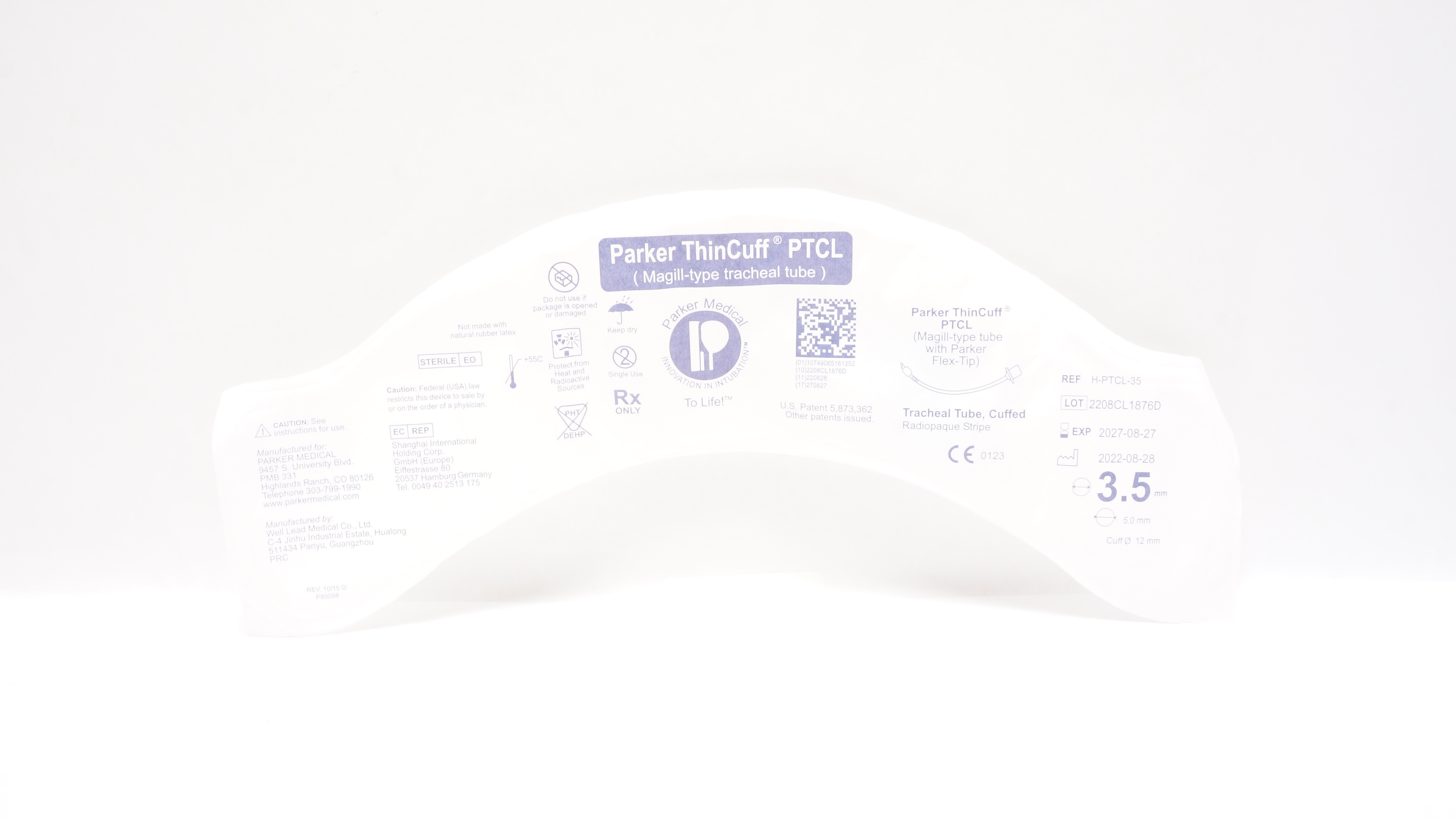 Parker Medical H-PTCL-35 ThinCuff PTCL Magill-Type Tracheal Tube 3.5x 5.0 x 12mm