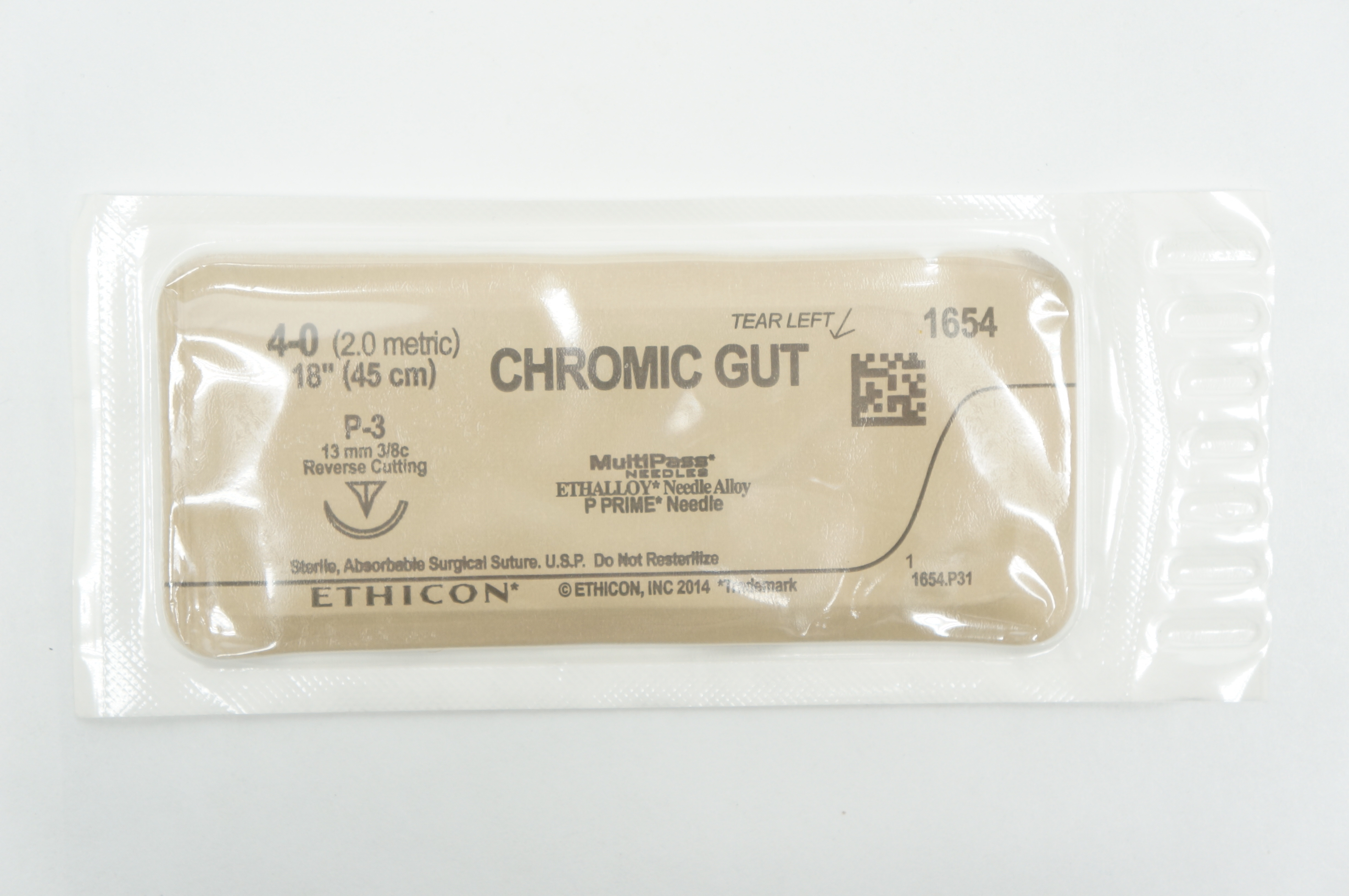 Ethicon 1654 4-0 CHROMIC GUT, P-3, 13mm 3/8 Reverse Cutting, 18inch
