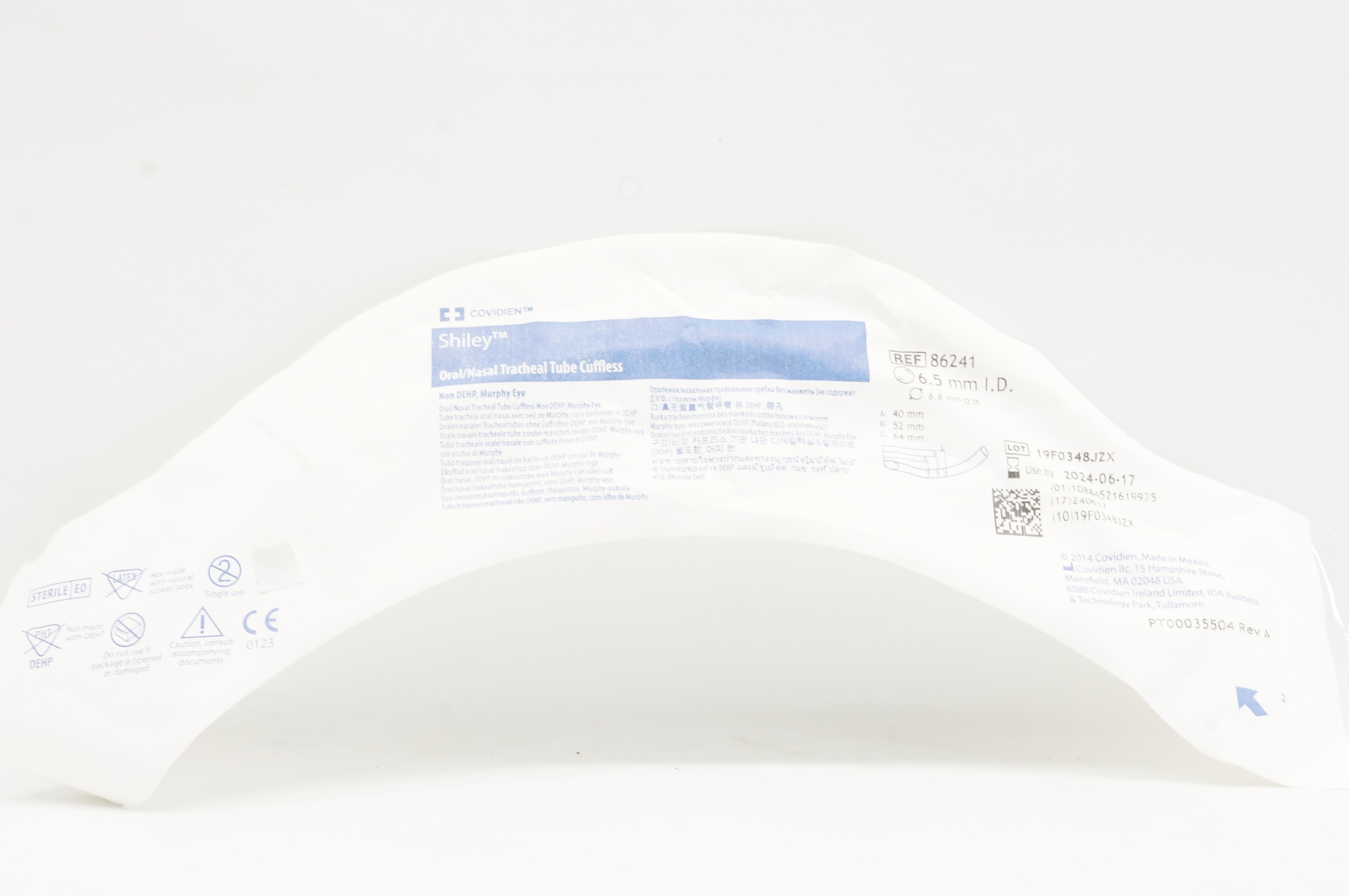 Covidien 86241 Shiley Oral/Nasal Tracheal Tube Cuffless 6.5mm ID x 8.8mm OD