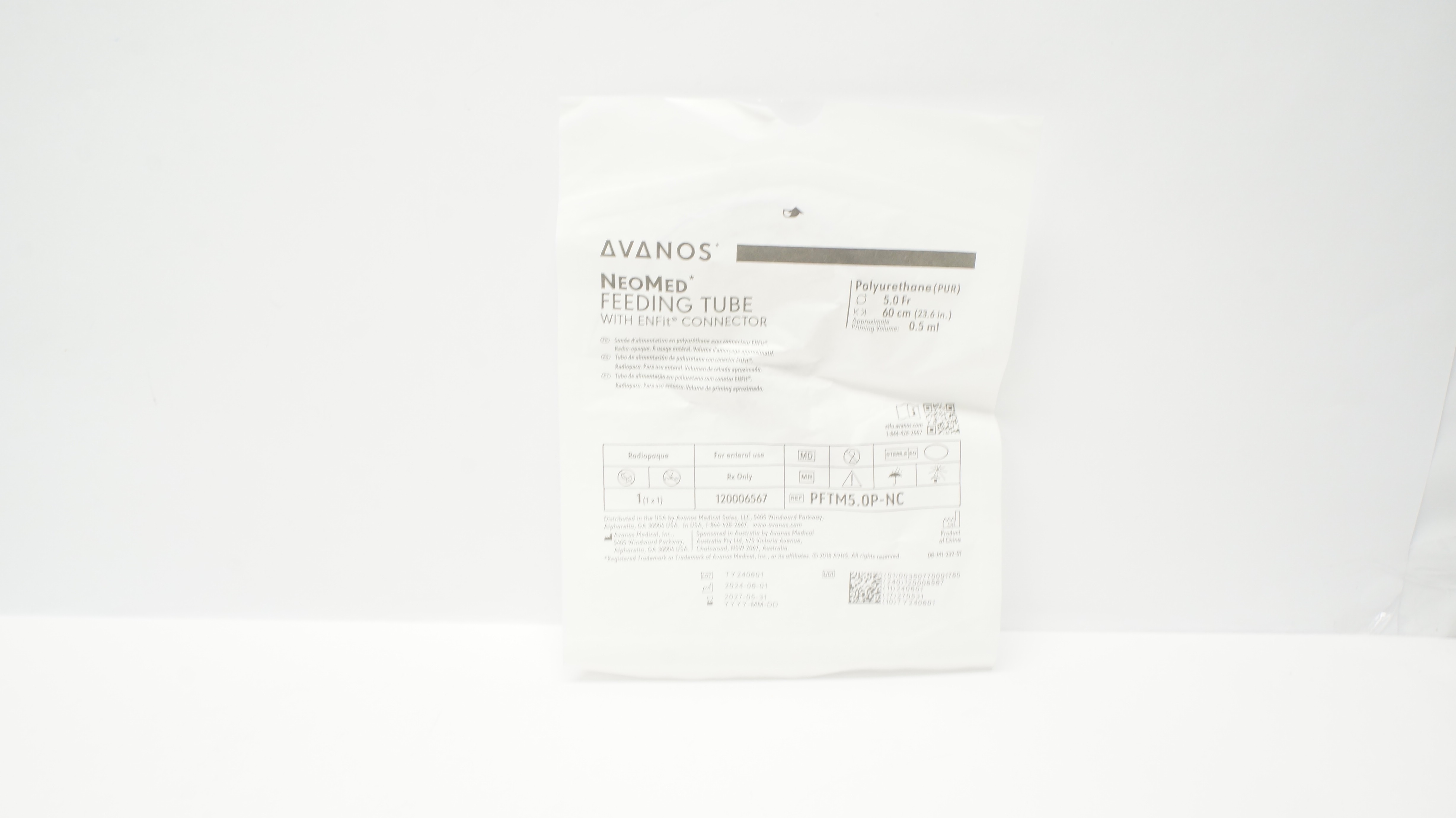Avanos PFTM5.0P-NC NeoMed Feeding Tube w/Connector 5.0Fr x 23.6inch 0.5ml