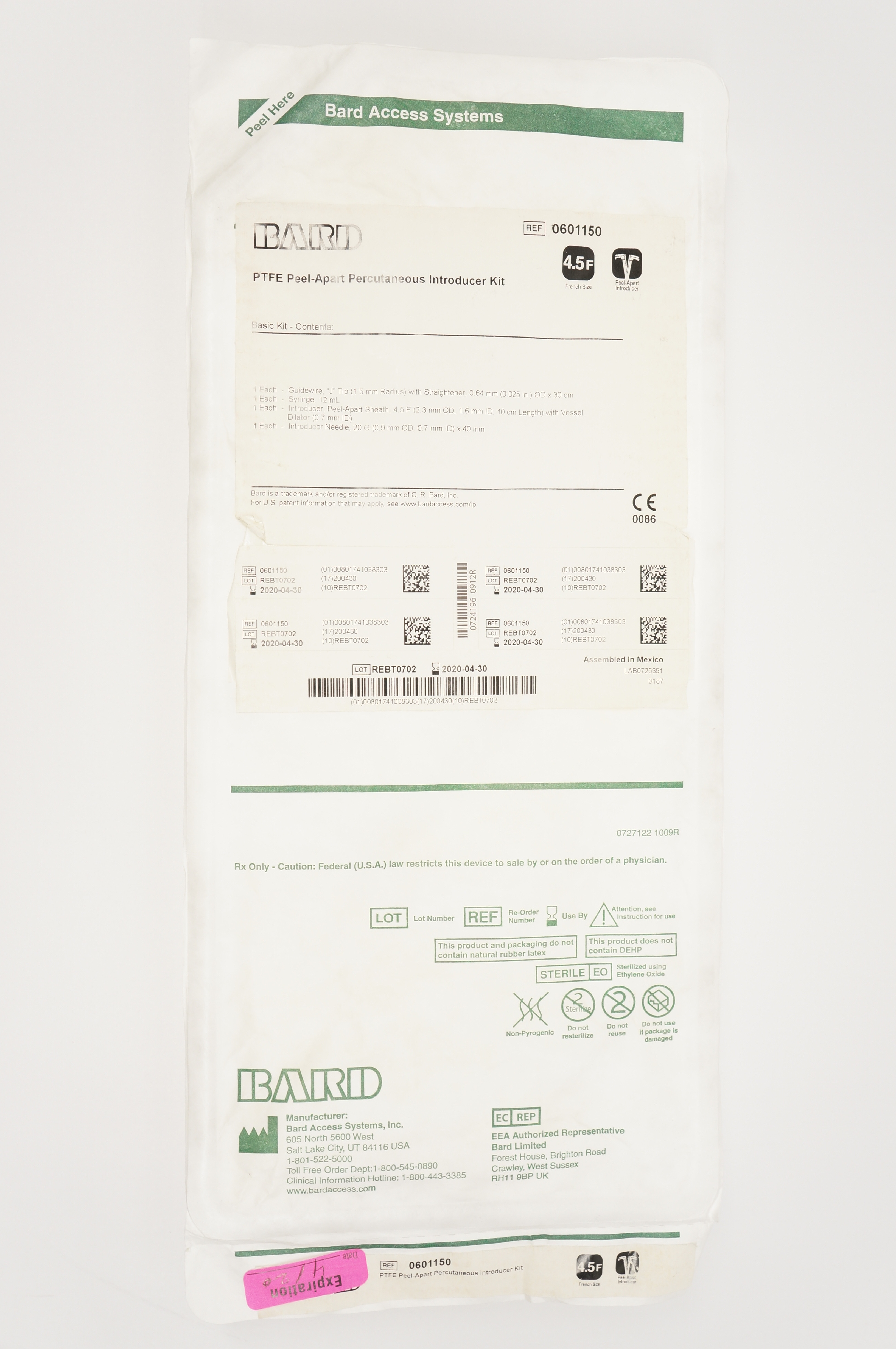 Bard 0601150 PTFE Peel-Apart Percutaneous Introducer Kit 4.5F (x)