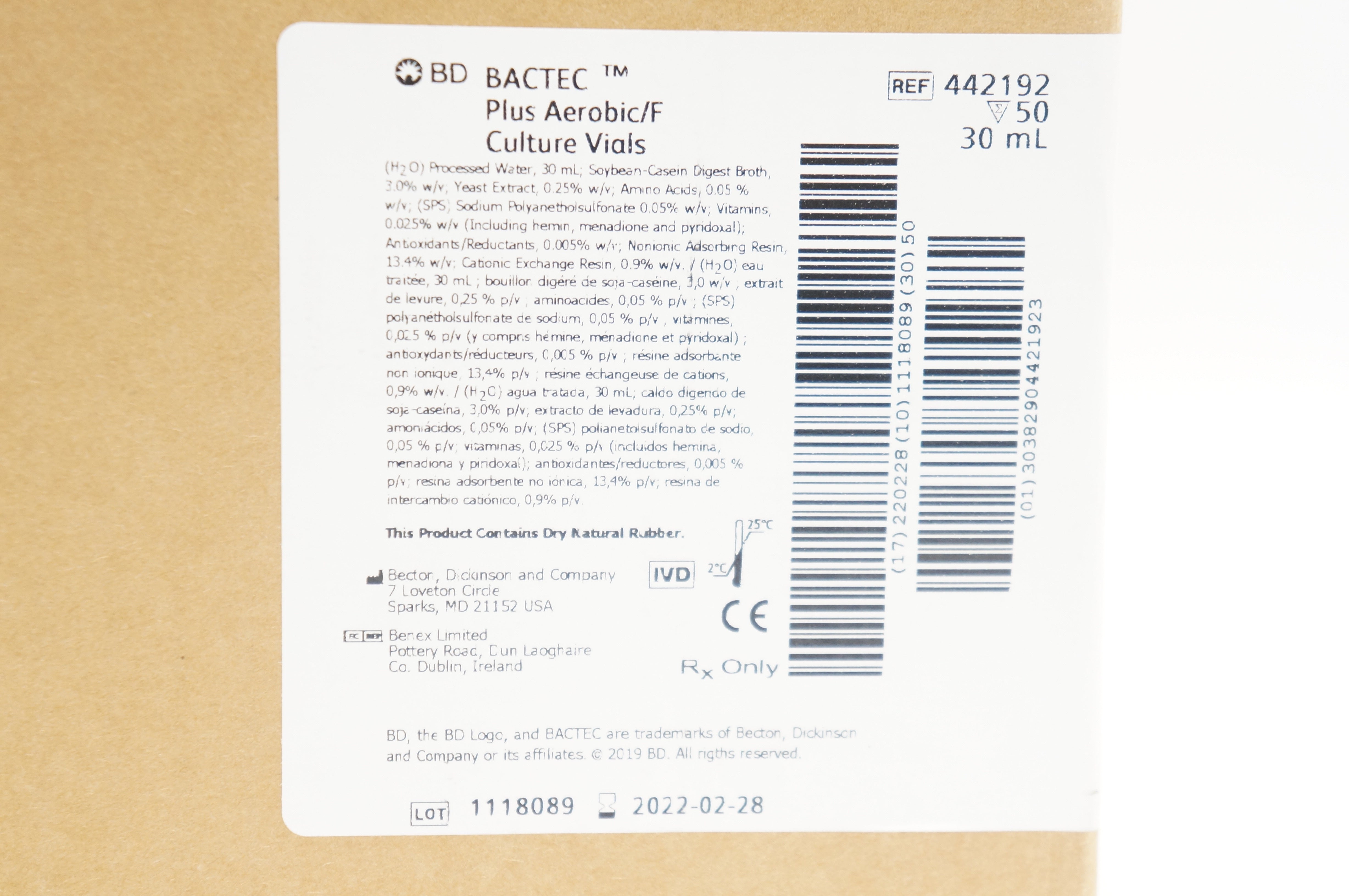 BD 442192 BACTEC Plus Aerobic For Culture Vials 30mL - Box of 50