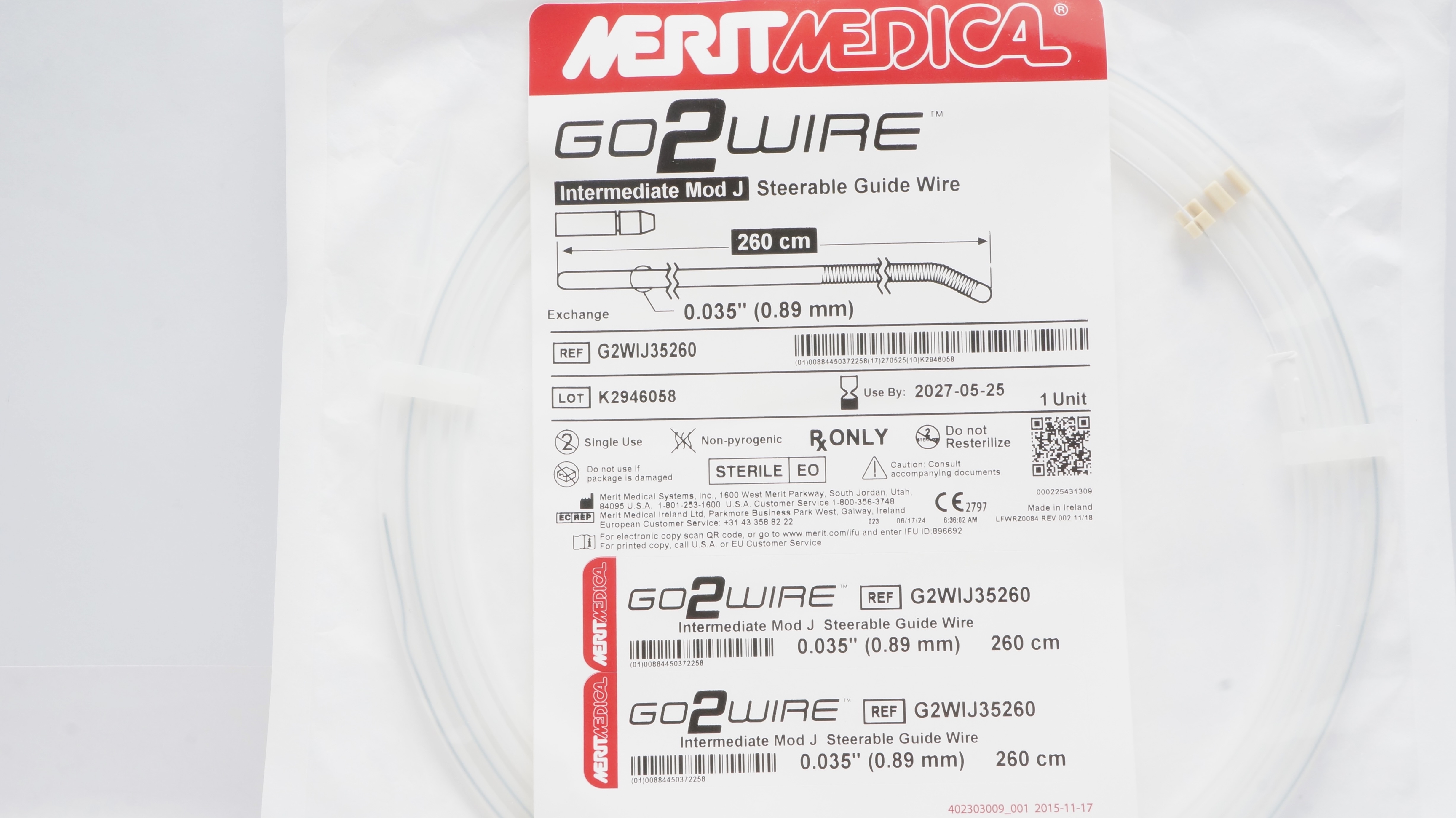 Merit Medical G2WIJ35260 GO2Wire Steerable Guide Wire 260cm x 0.035inch