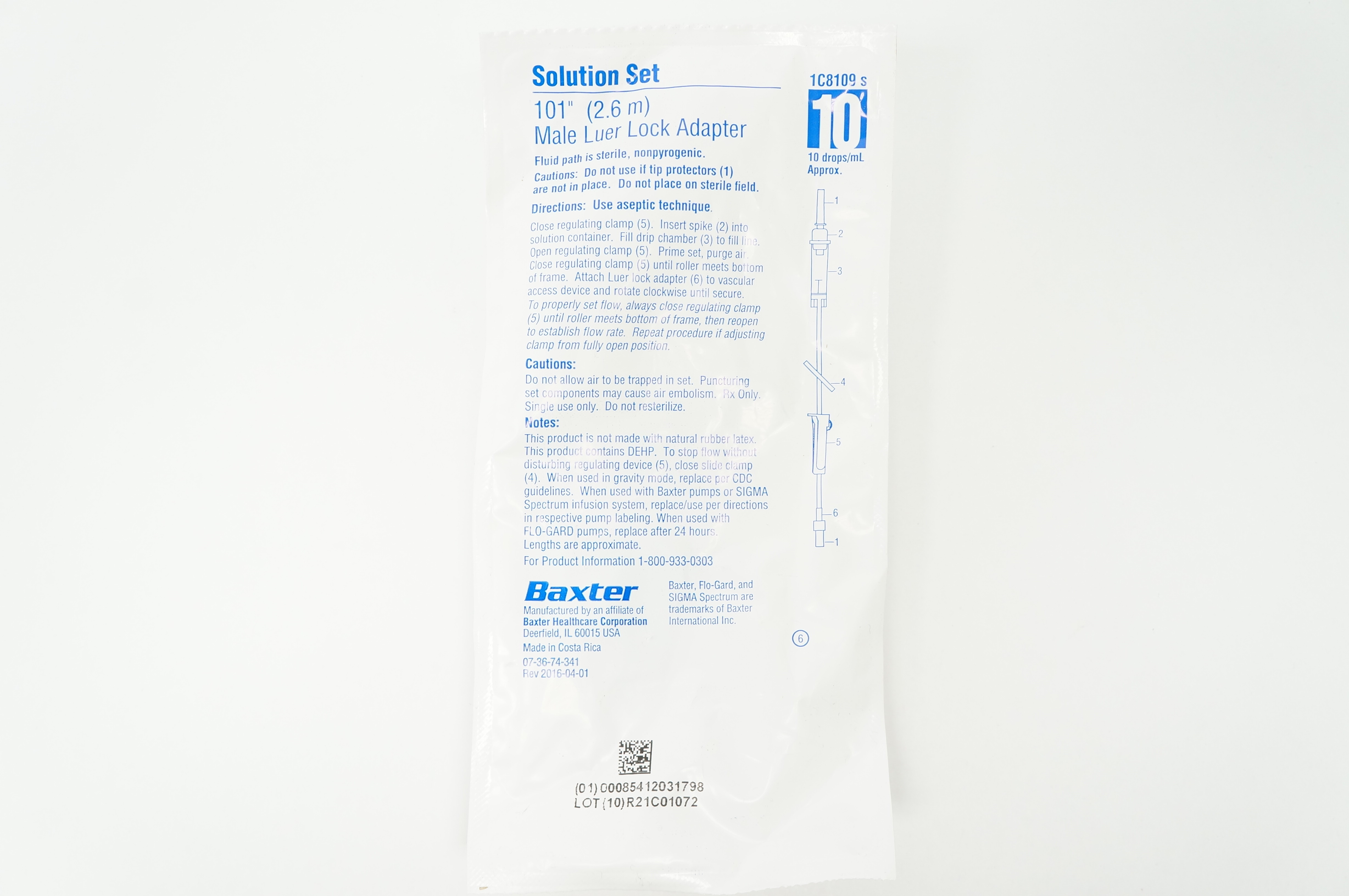Baxter 1C8109s Solution Set 101 inch Male Luer Lock Adapter 10 drops/mL Approx.